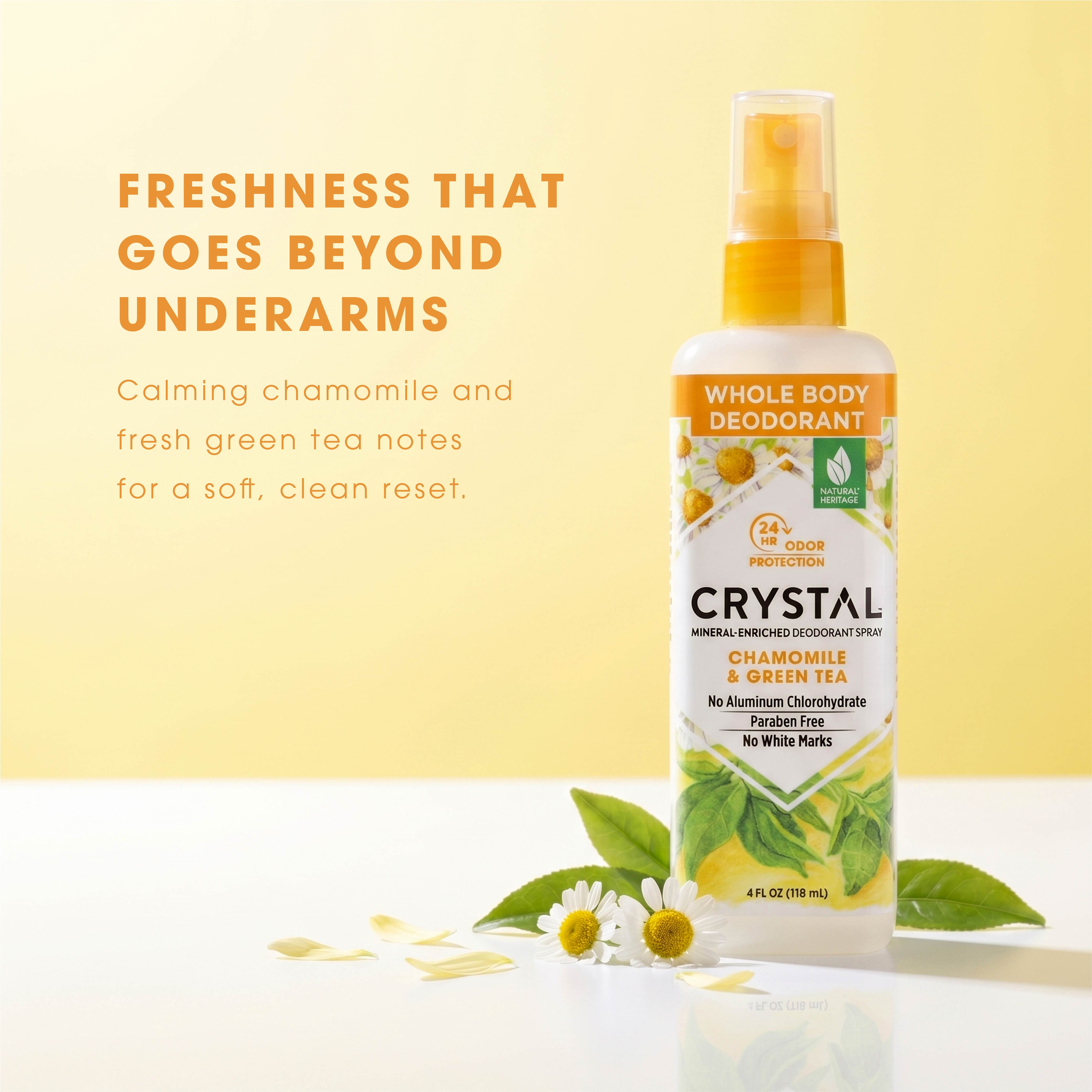 Crystal Whole Body Deodorant spray bottle with chamomile and green tea notes on a yellow background