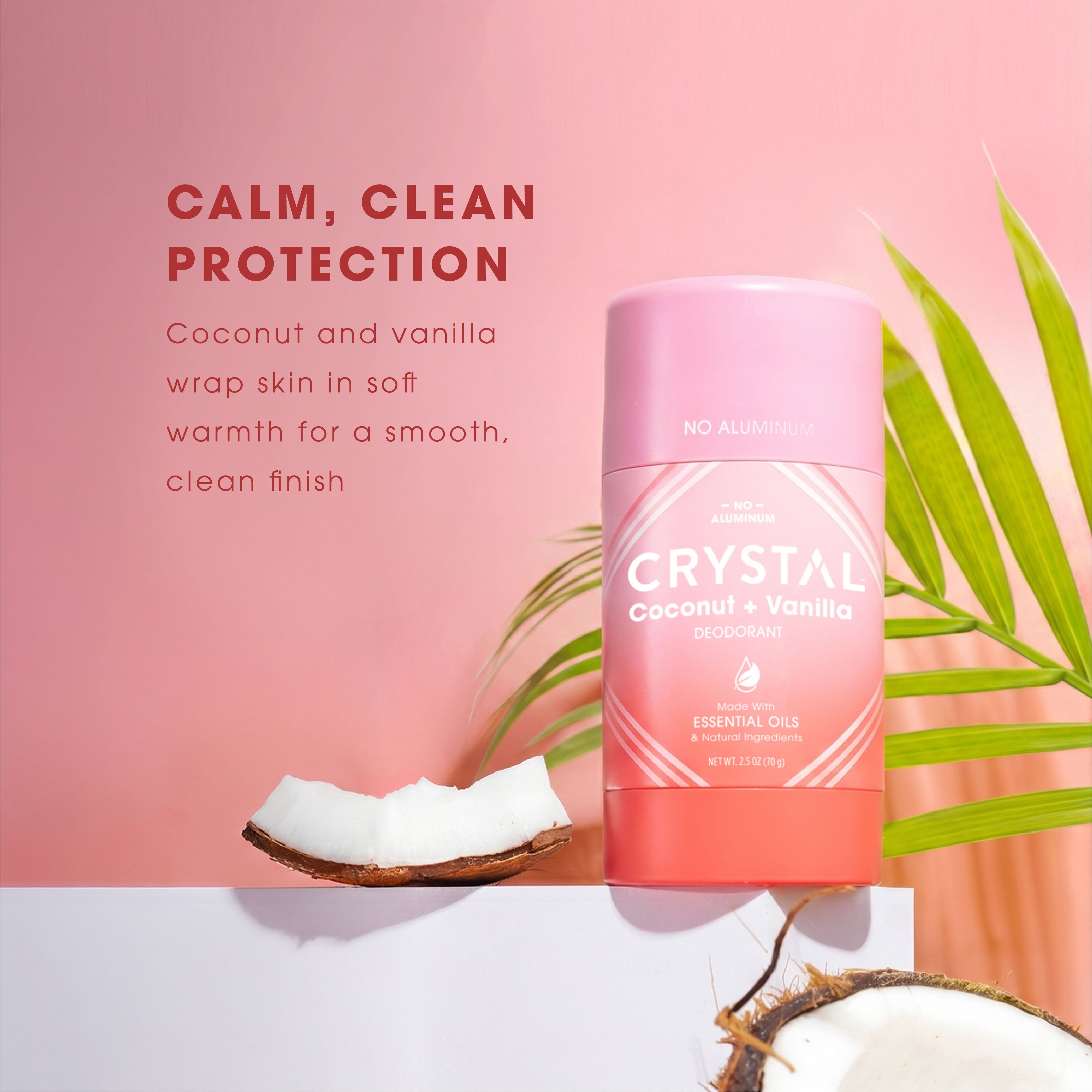 Ingredient call outs for Crystal Coconut Vanilla Magnesium stick deodorant on pink background.