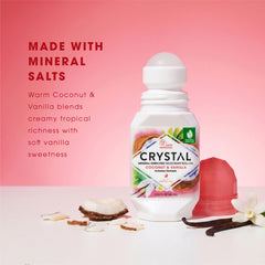 Crystal mineral-rich deodorant roll-on with coconut and vanilla flavor on a pink background