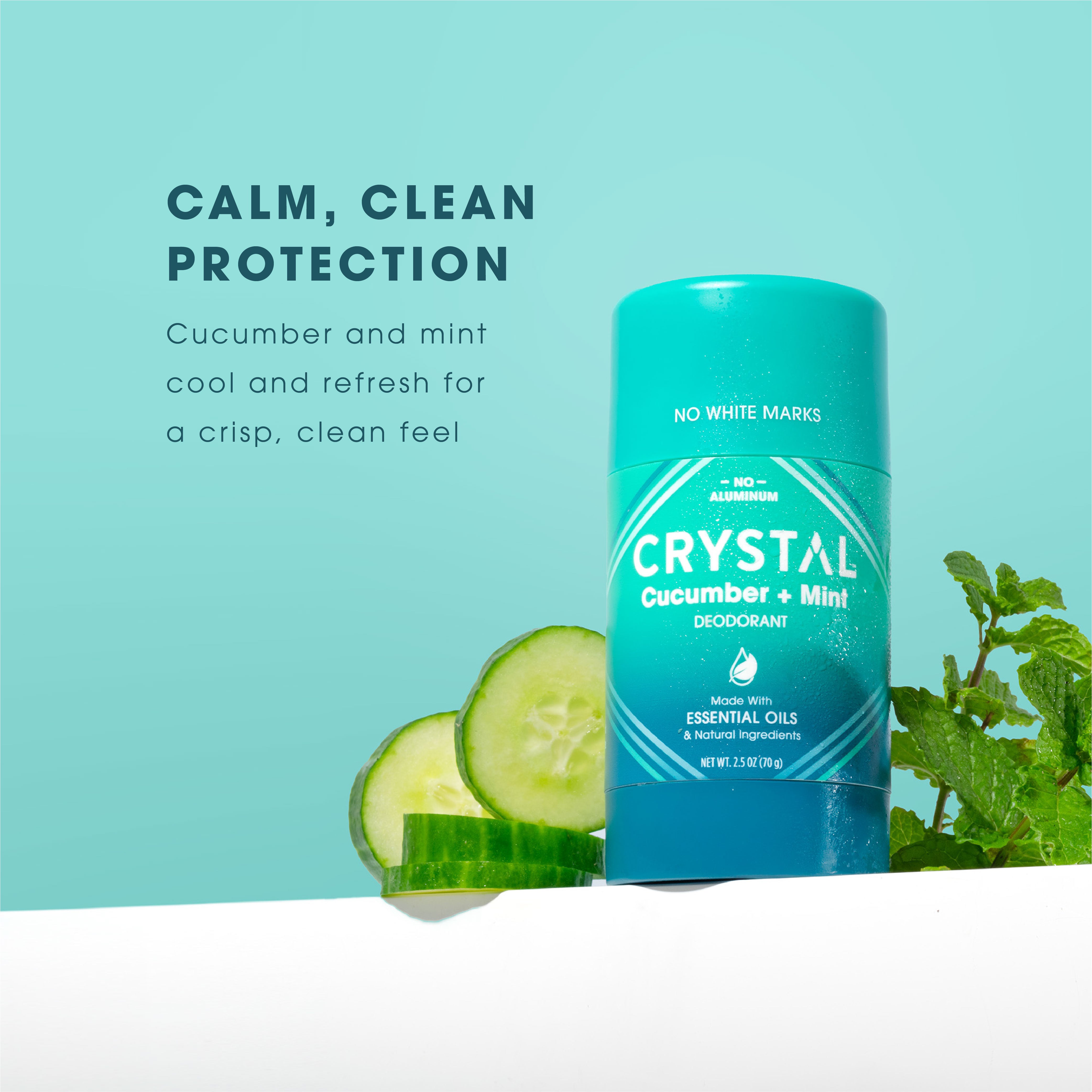Crystal Cucumber Mint Mineral deodorant stick on a green background.