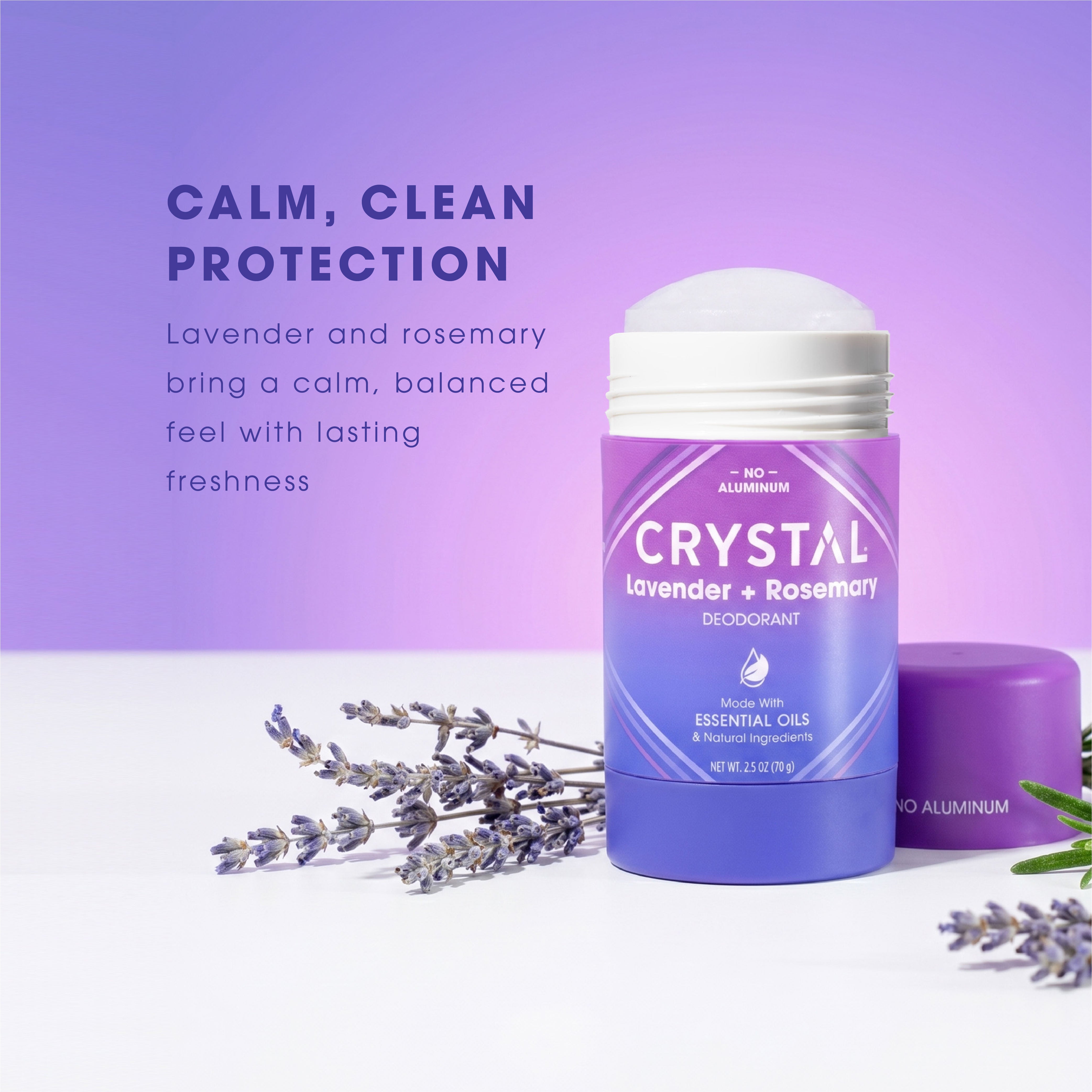 Ingredient benefits of Crystal Lavender and Rosemary Magnesium stick deodorant on lavender background.