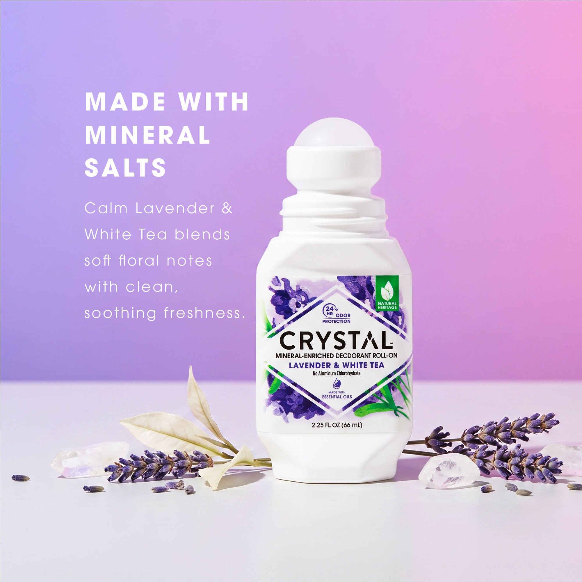 Crystal deodorant roll-on with lavender and white tea on a purple background