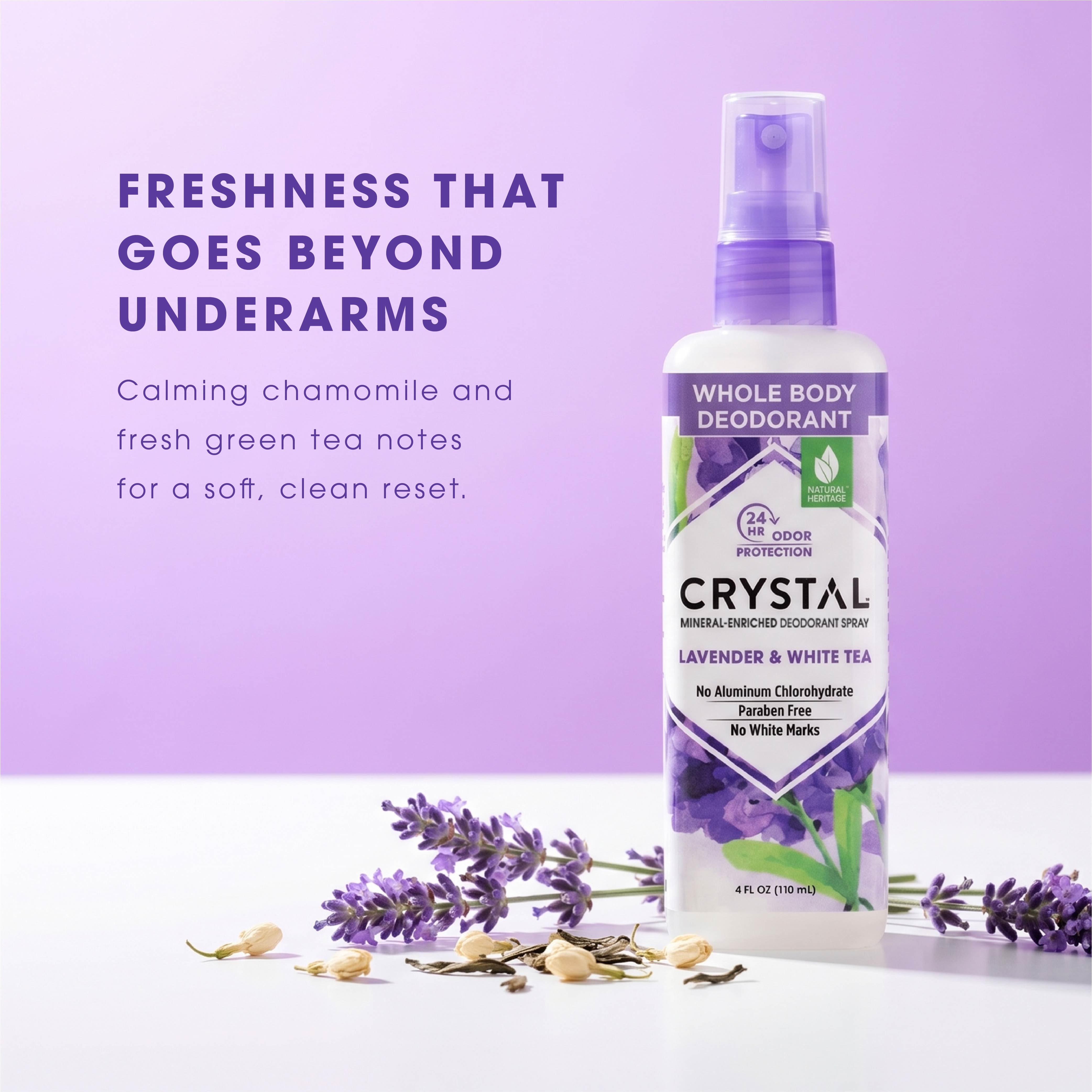 Crystal Whole Body Deodorant spray bottle with lavender and white tea notes on a purple background