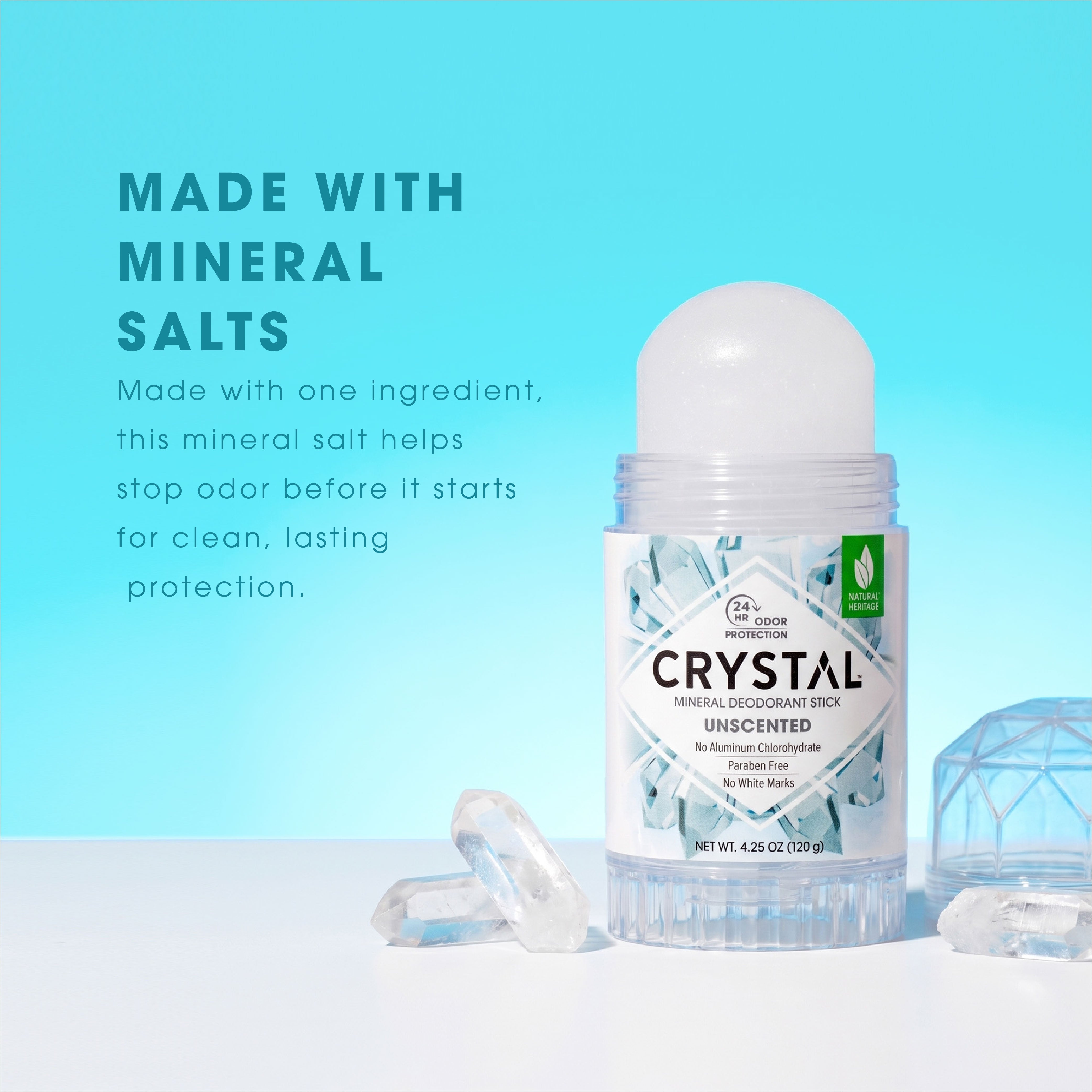 Crystal Mineral Stick callout for one ingredient being pure mineral salt on light blue background.