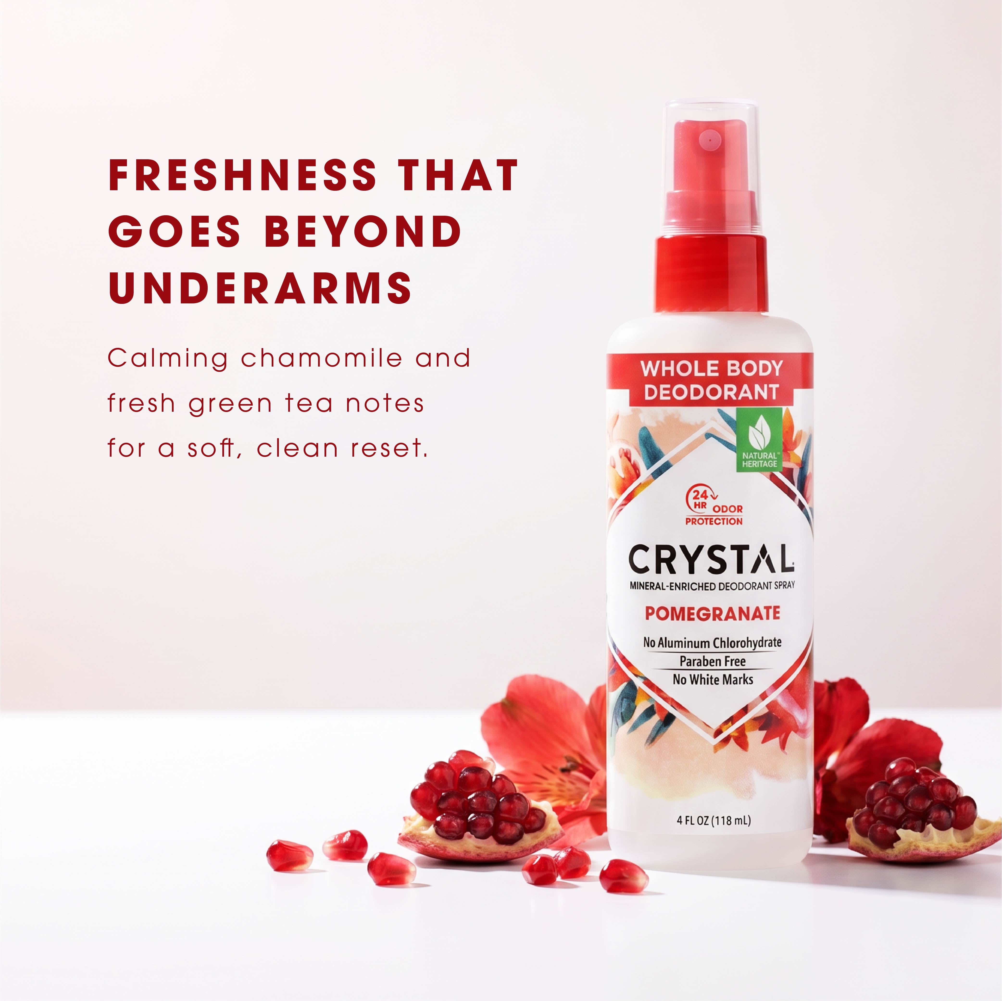 Crystal Whole Body Deodorant spray bottle with pomegranate flavor on a white background