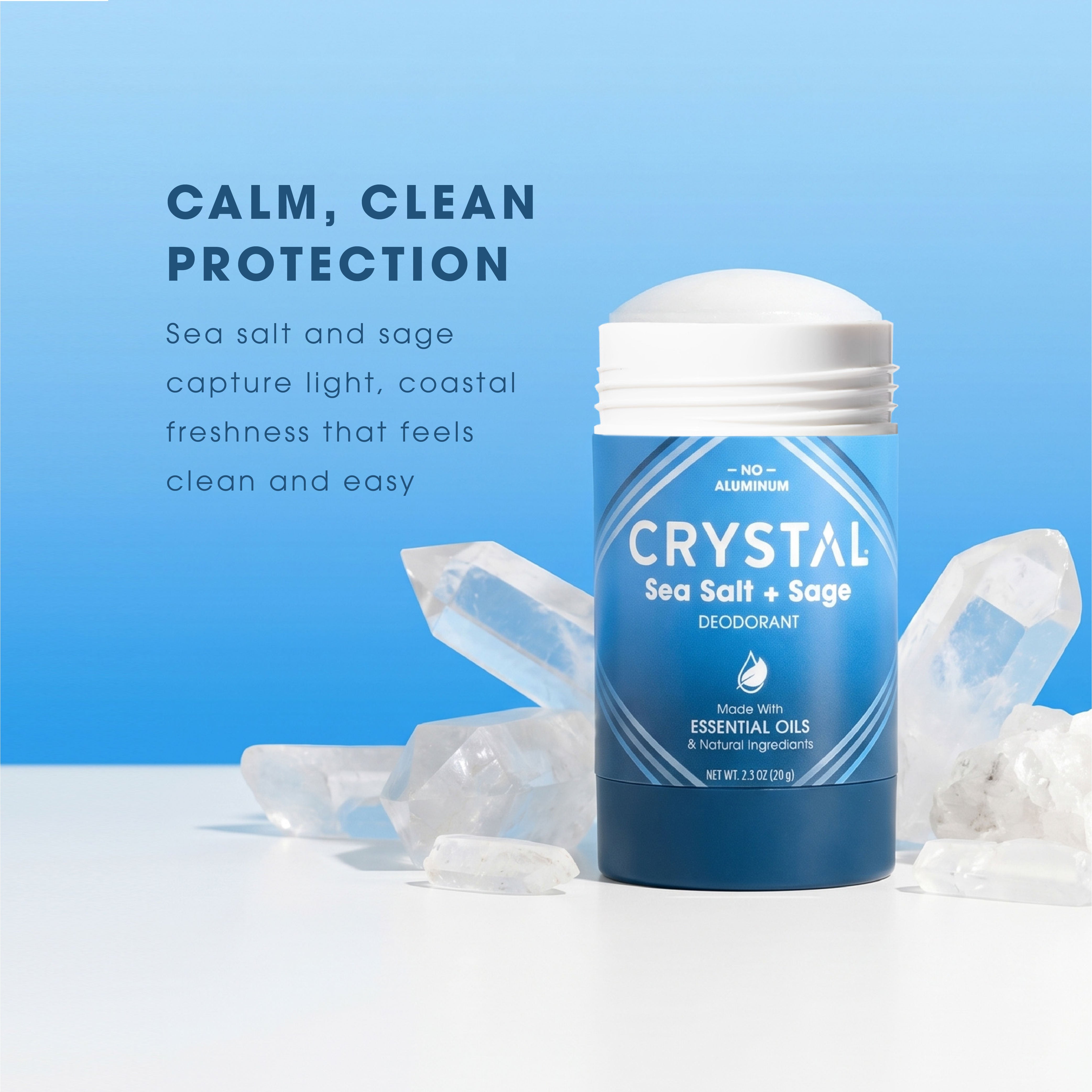ingredient call out for Crystal Sea Salt and Sage Magnesium stick deodorant on blue background.