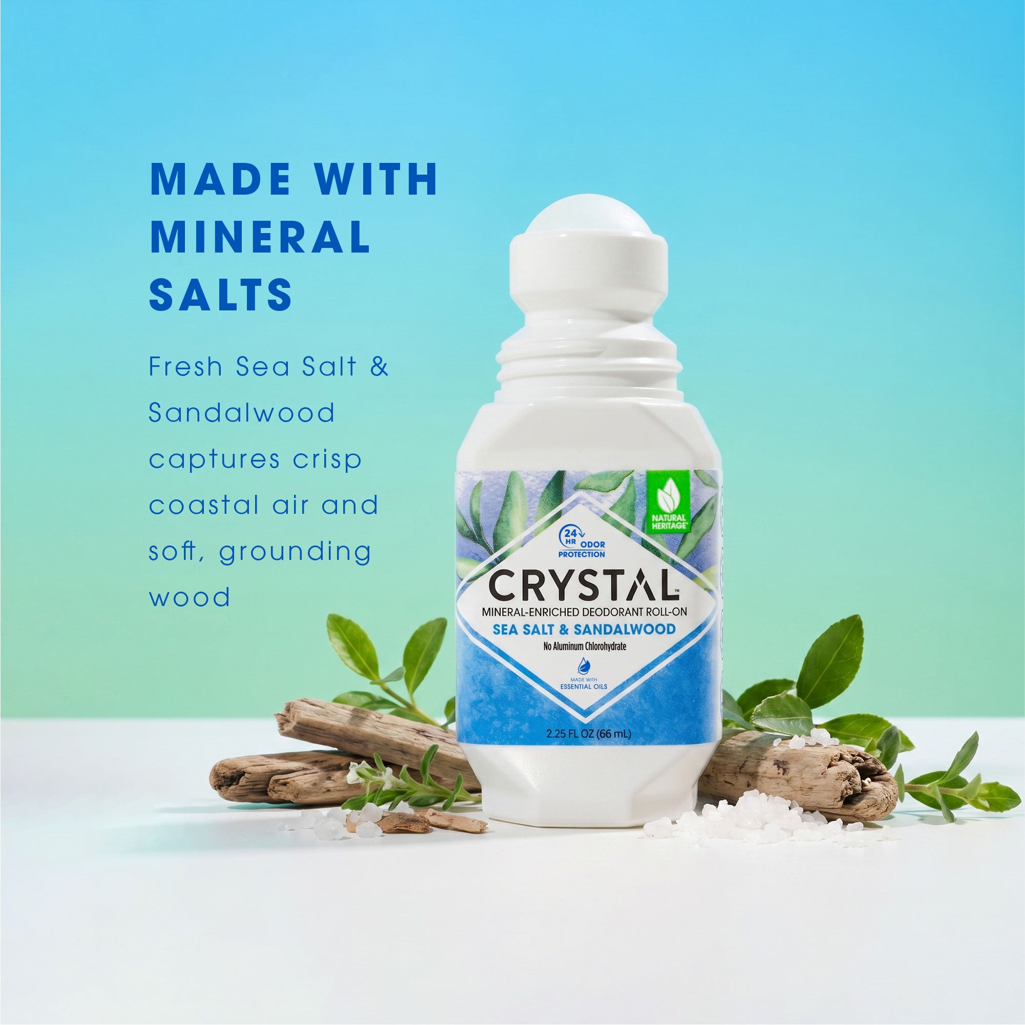 Crystal deodorant bottle with natural elements on a light blue background
