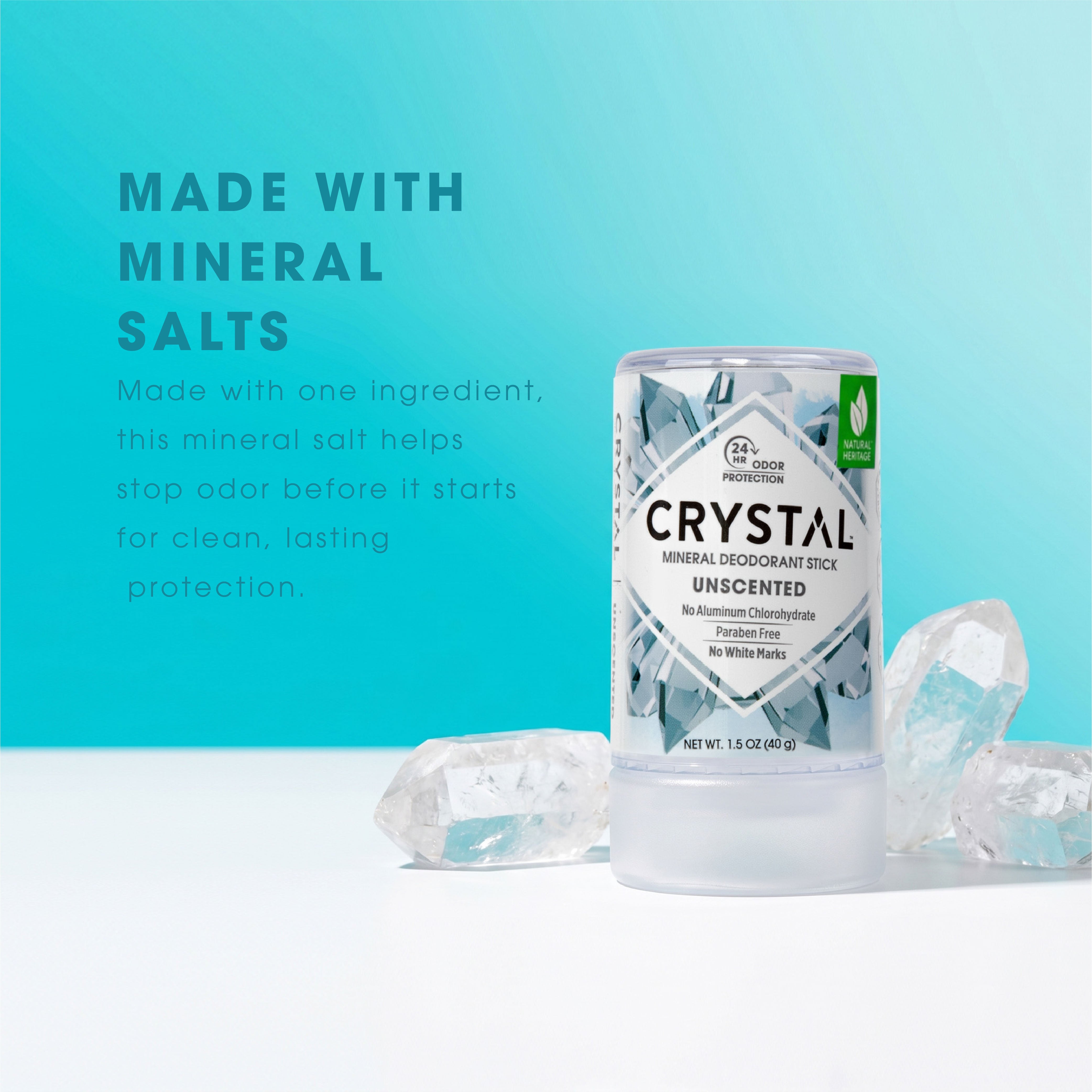 Crystal Mineral Travel Stick one ingredient call out on light blue background.