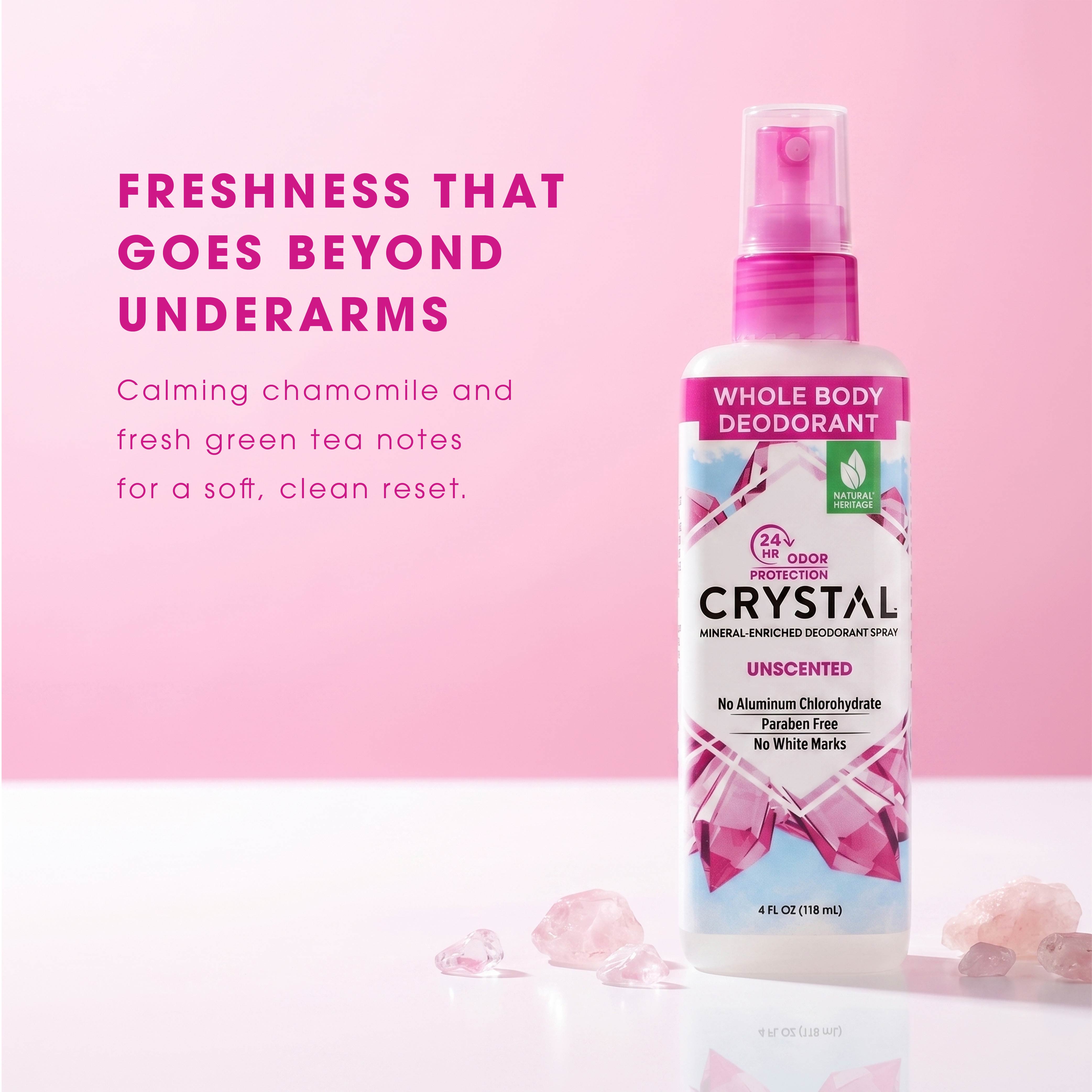 Crystal Whole Body Deodorant spray bottle on a pink background with product details.