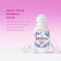 Crystal mineral-rich deodorant roll-on with pink background and text about mineral salts.