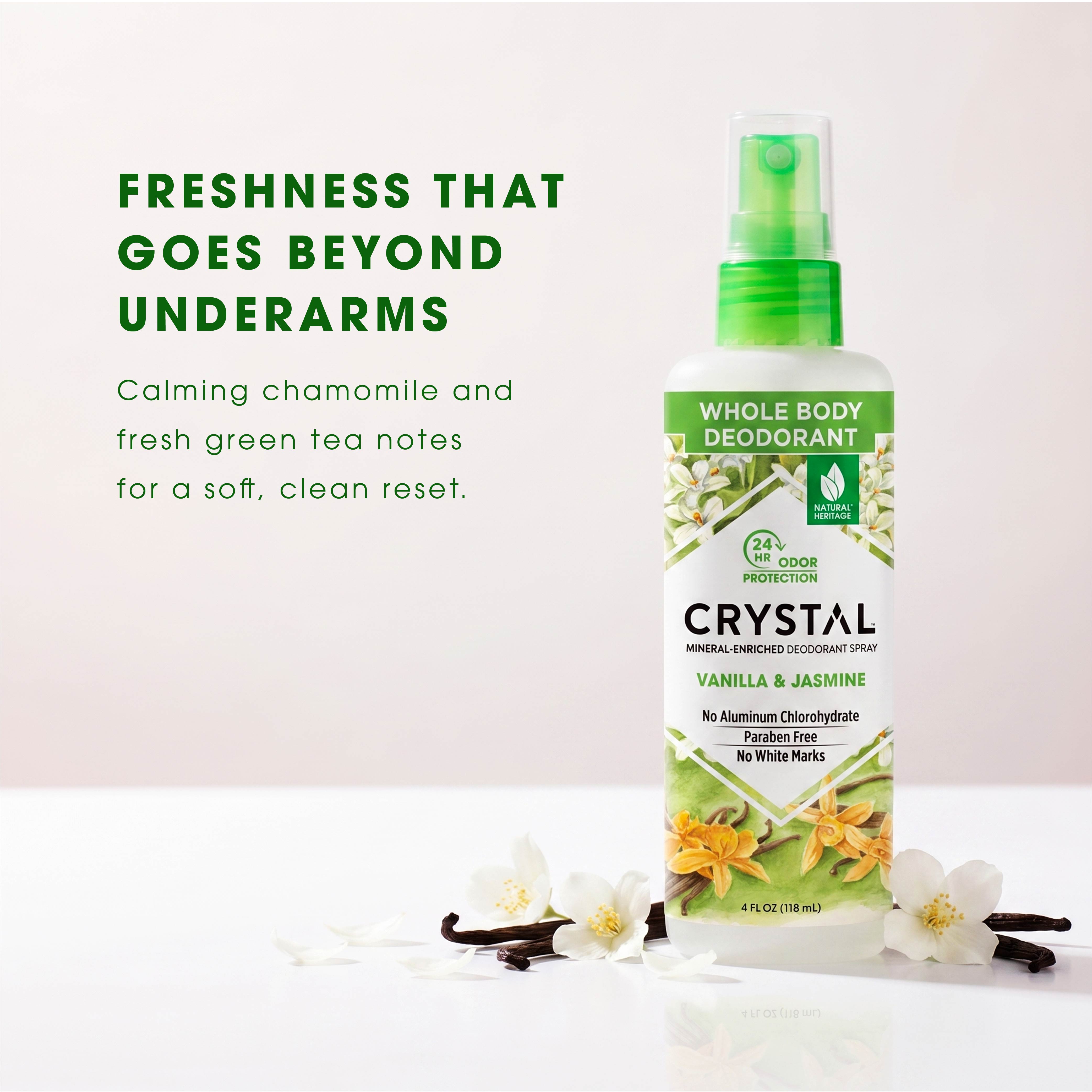 Crystal Whole Body Deodorant spray bottle with vanilla and jasmine flavor on a white background