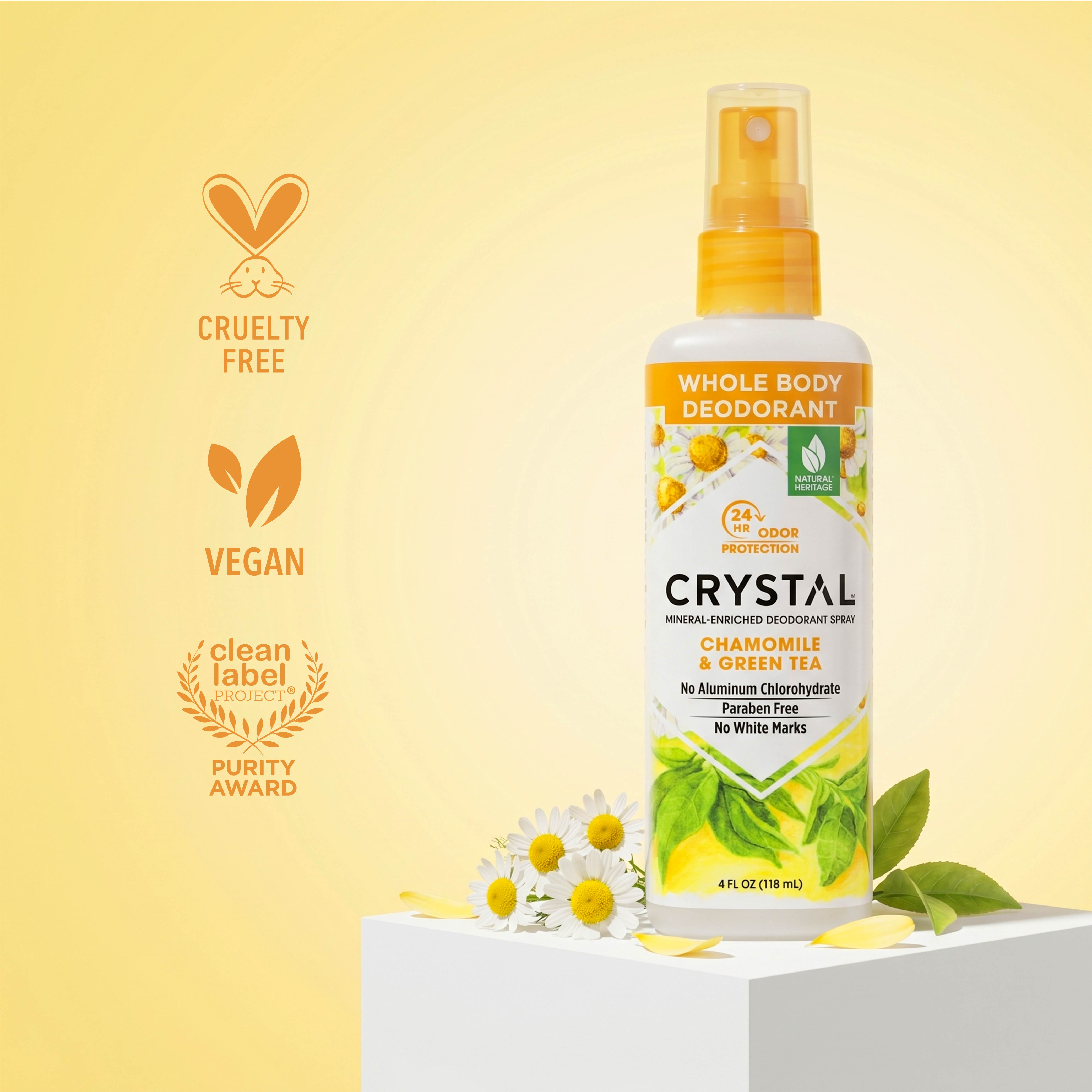 Crystal whole body deodorant spray bottle on a yellow background with brand icons.