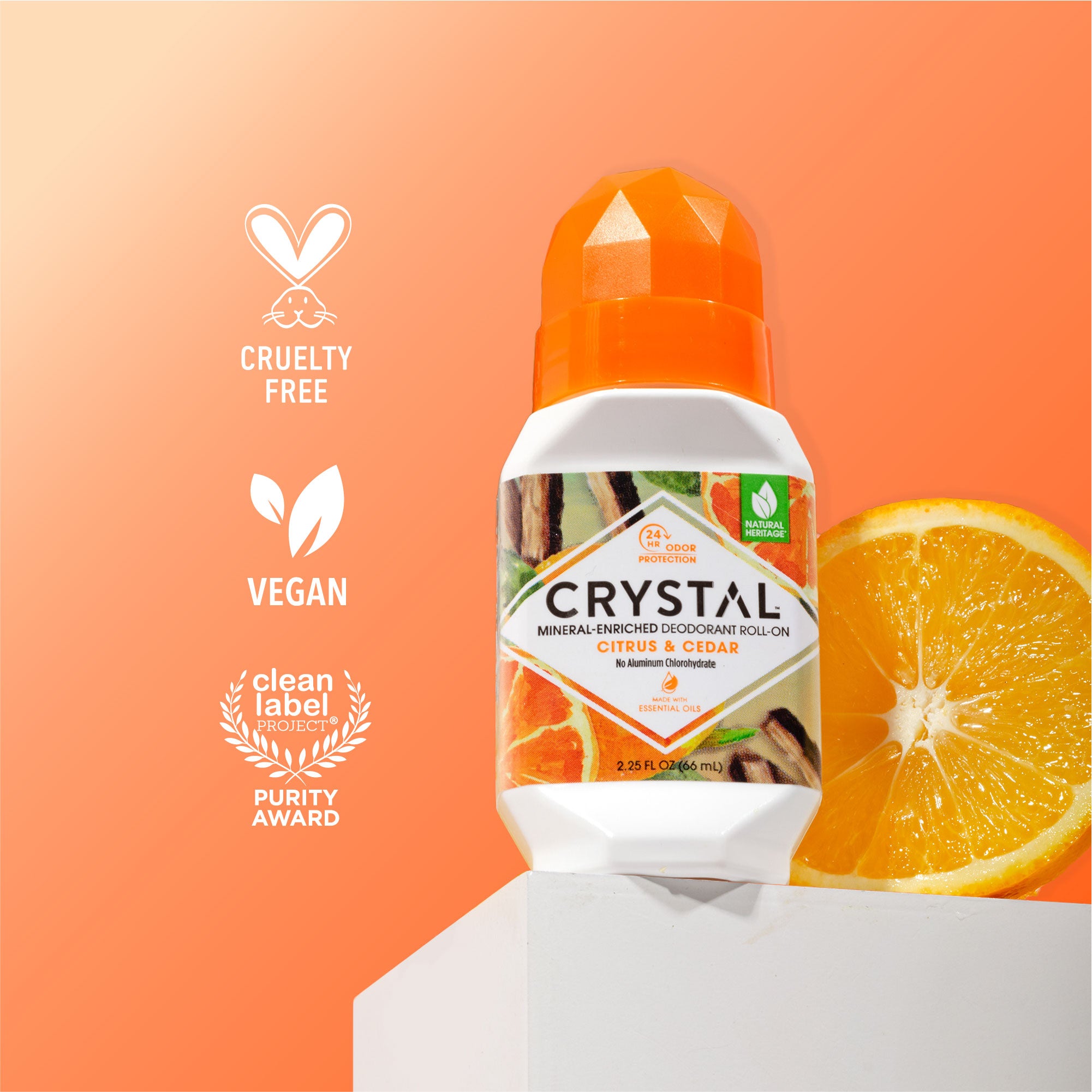 Crystal Mineral-Enriched Deodorant Roll-On with citrus and cedar scent on an orange background with icons for cruelty free, vegan and clean label product purity award.