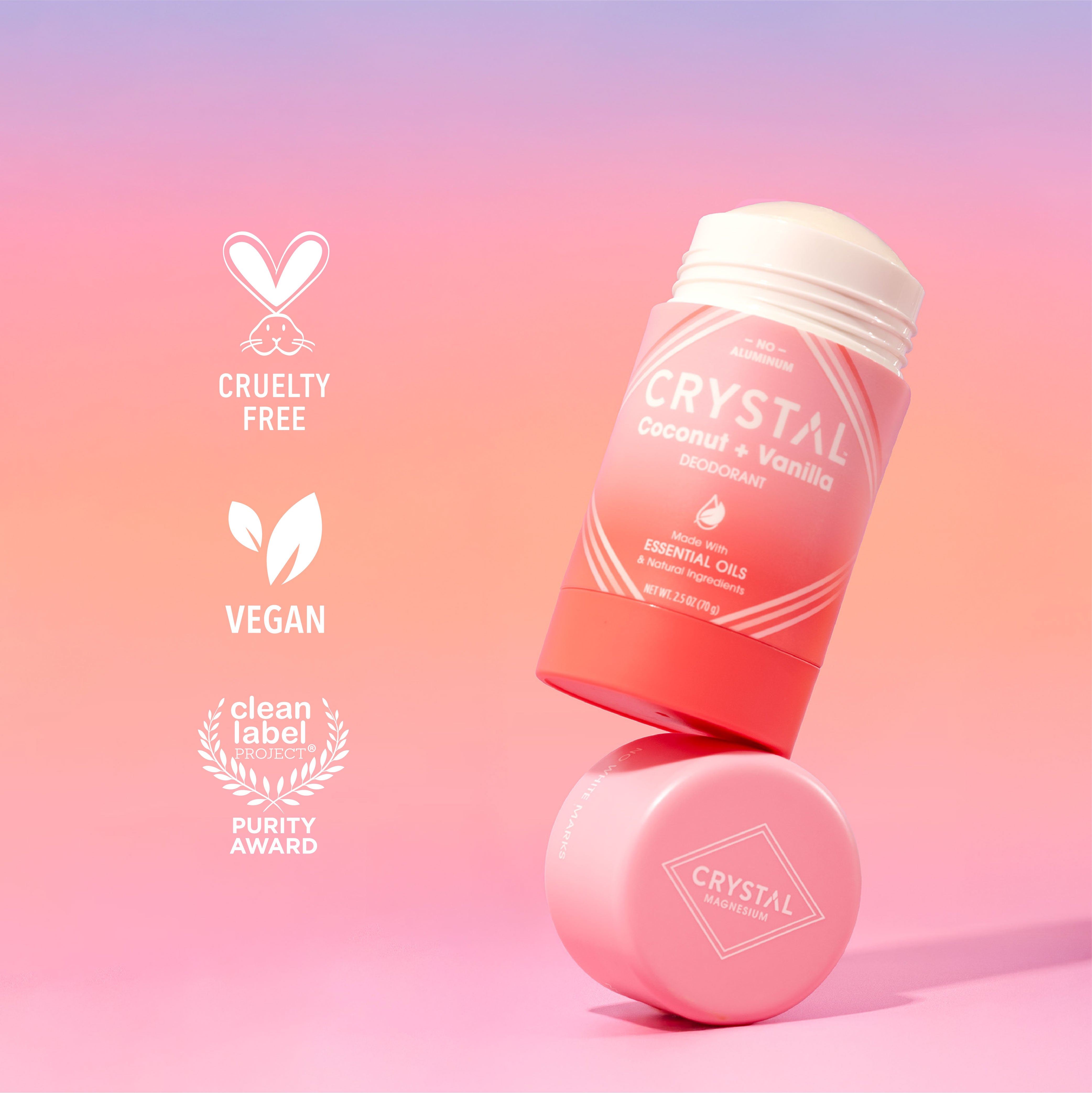 Benefits icons for Crystal Coconut Vanilla Magnesium stick deodorant on pink background.