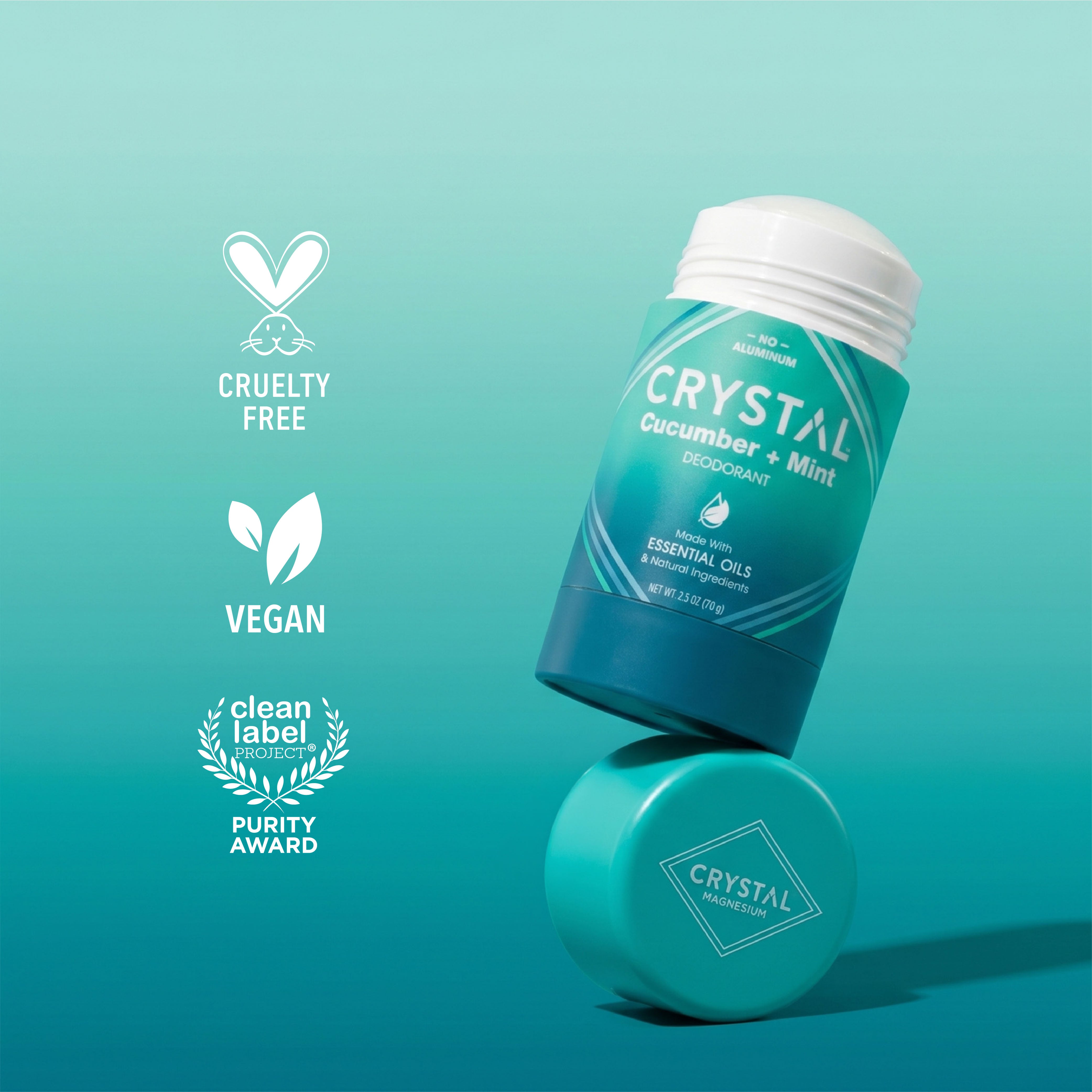 Crystal Cucumber + Mint deodorant bottle on a teal background with certification icons.