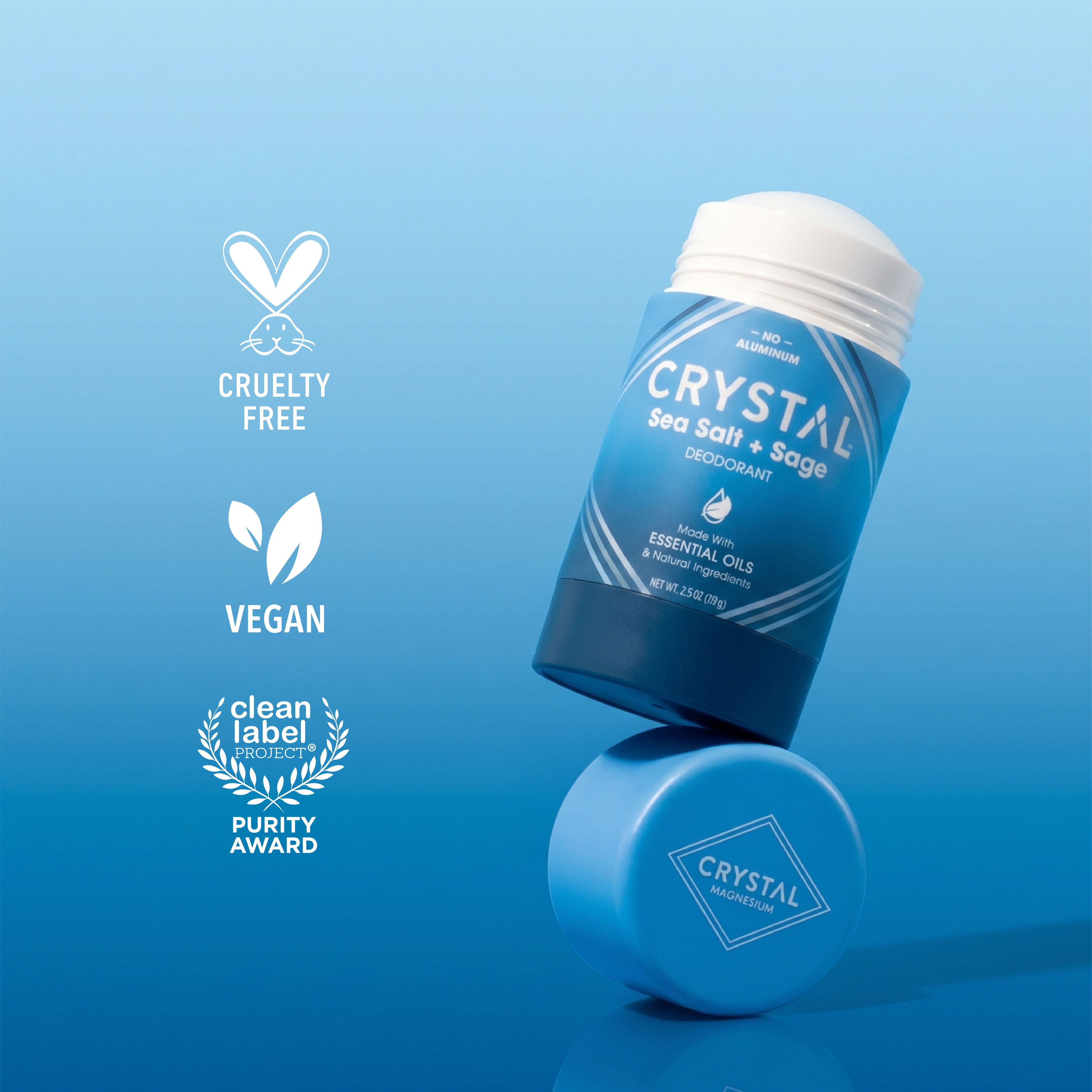 Benefit icons for Crystal Sea Salt and Sage Magnesium stick deodorant on blue background.