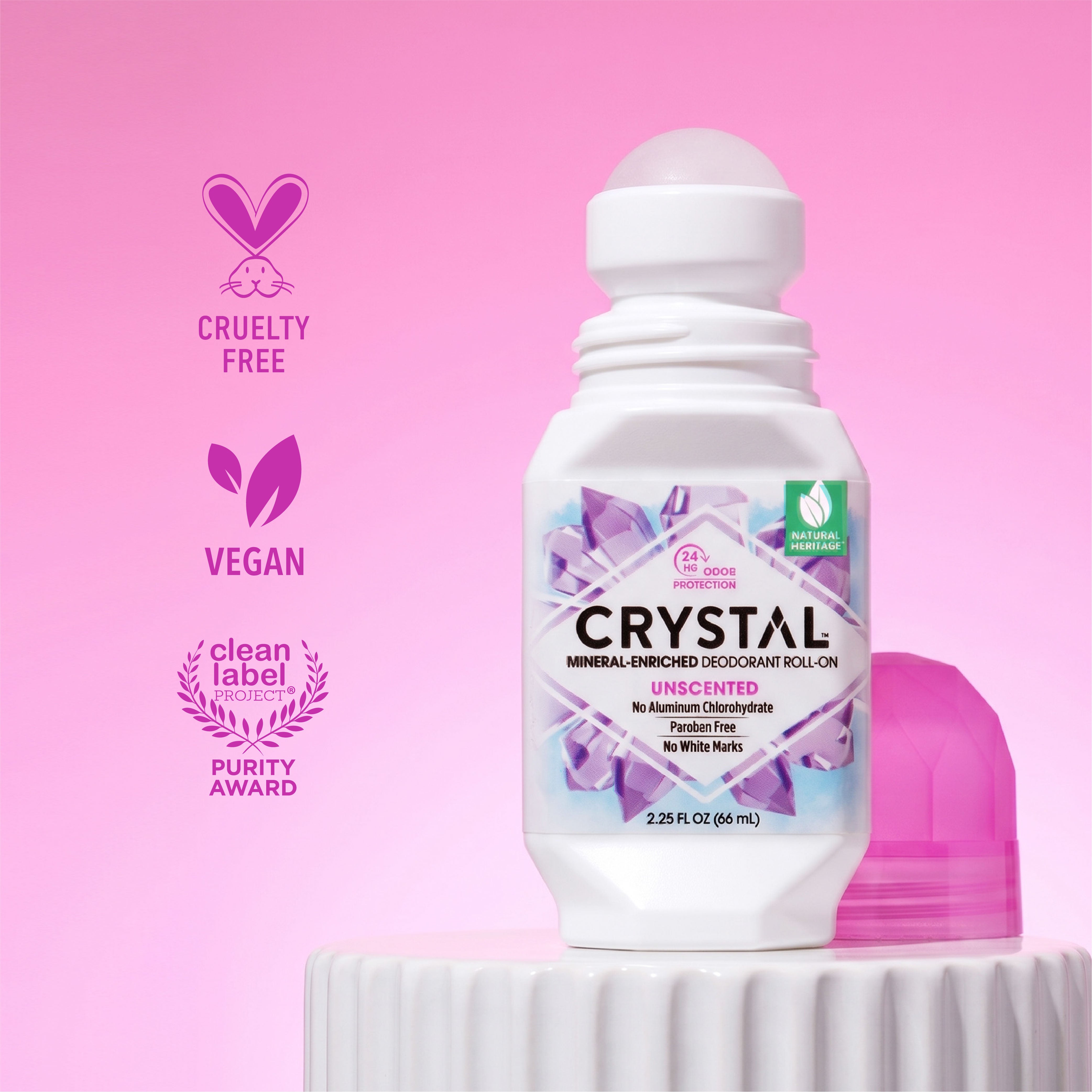 Crystal unscented deodorant roll-on bottle with pink background and certification logos.