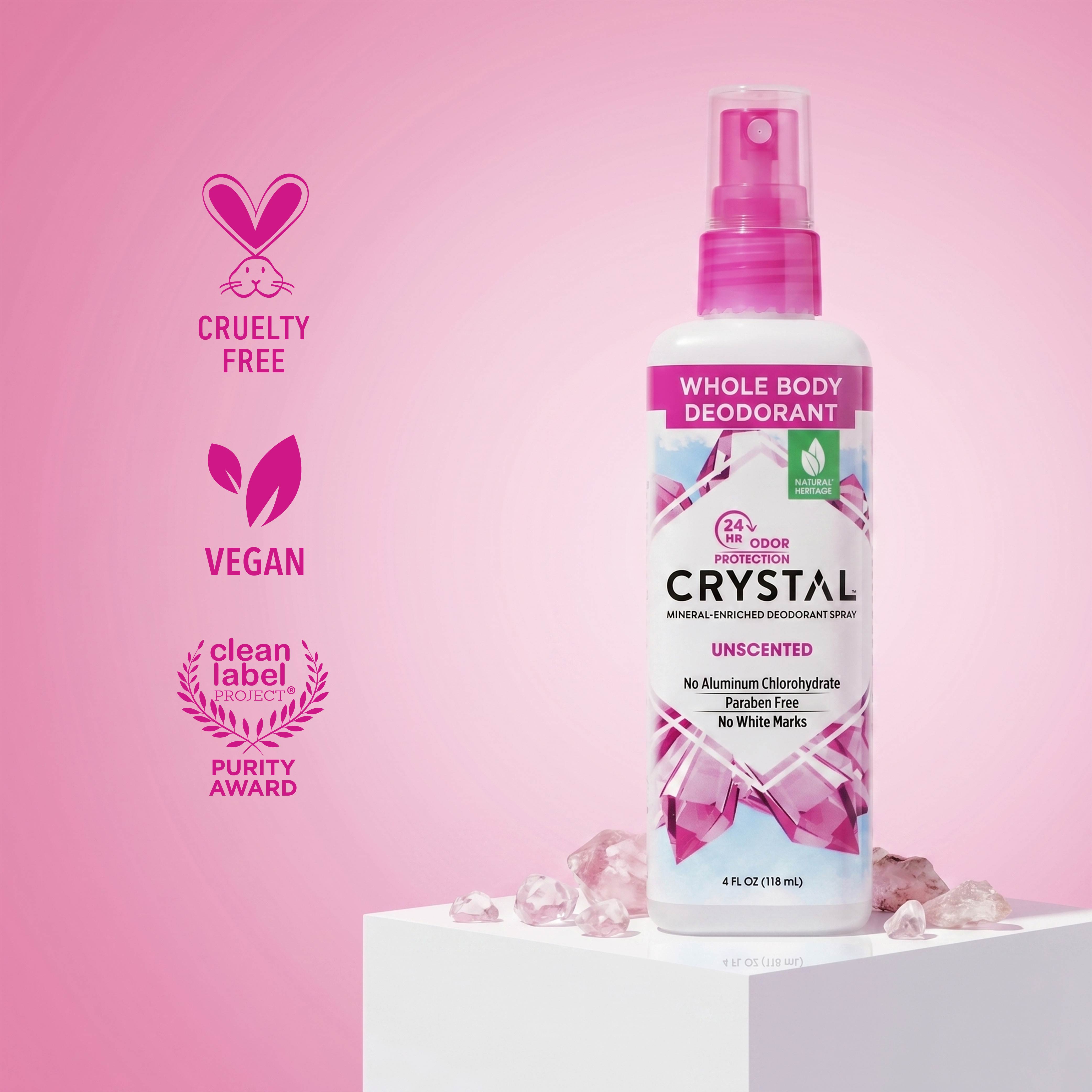 Crystal Whole Body Deodorant spray bottle on a pink background with brand icons.