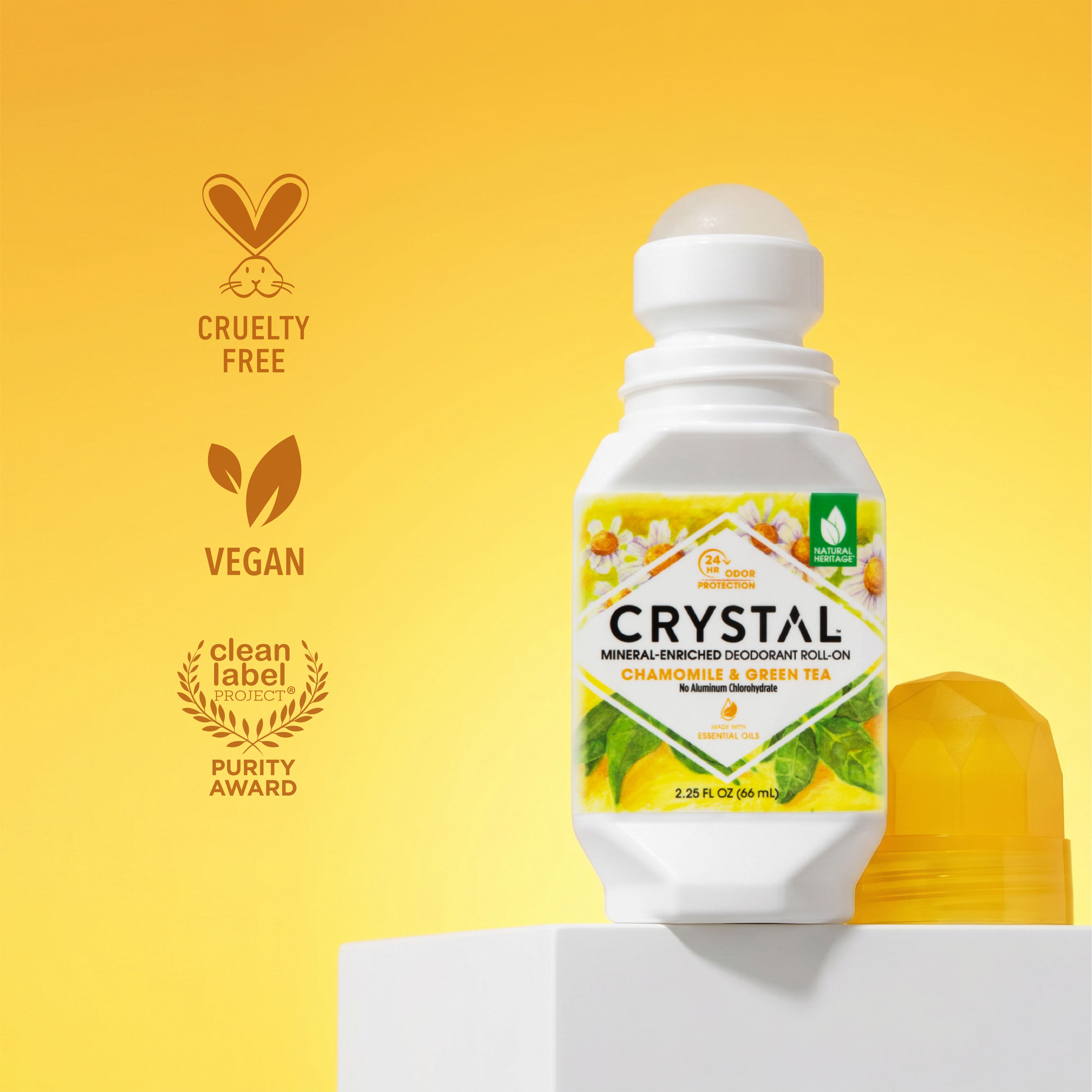 Crystal deodorant bottle with labels indicating cruelty-free, vegan, and clean label on a yellow background.