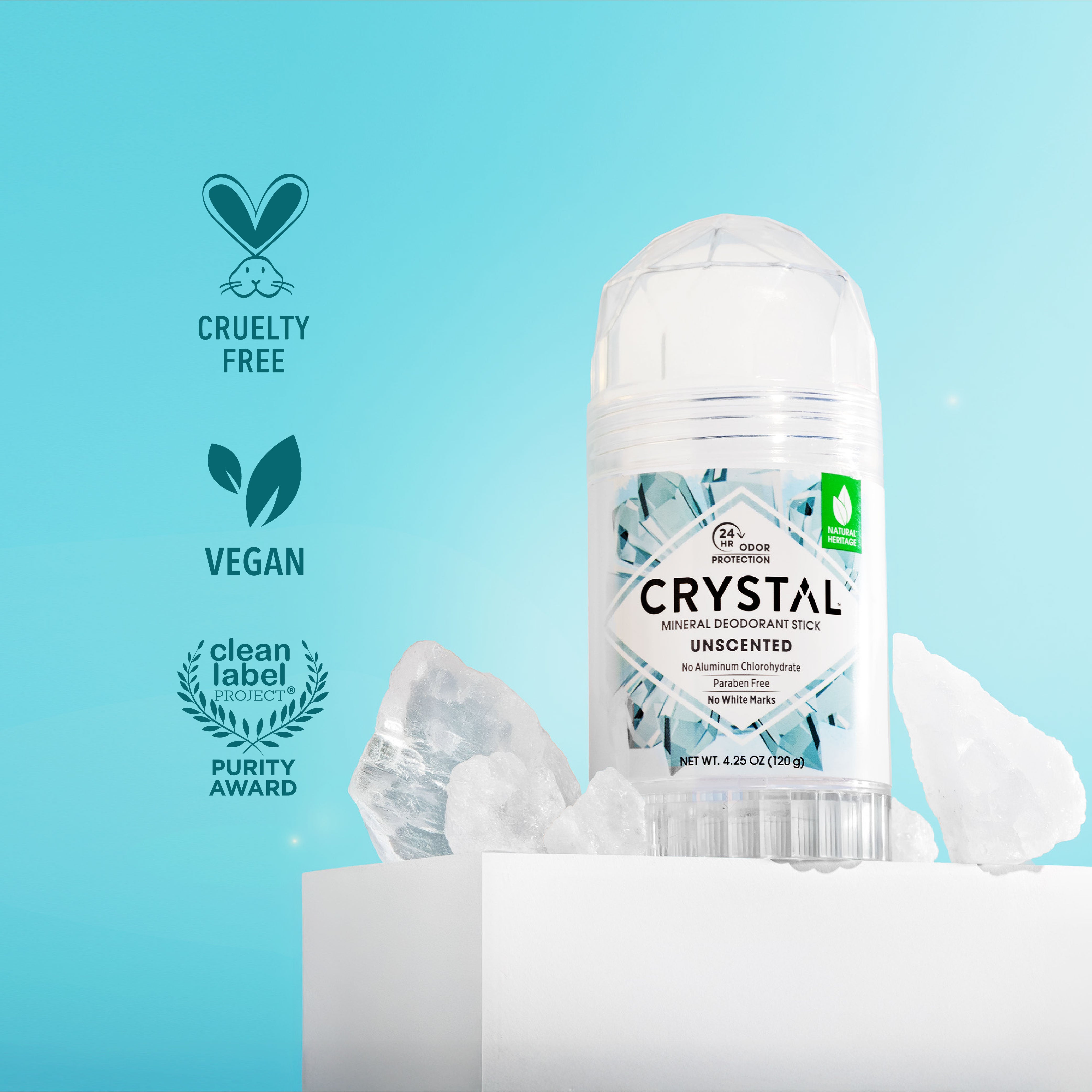 Crystal Mineral Stick cruelty free, vegan and clean label purity award icons  on light blue background.