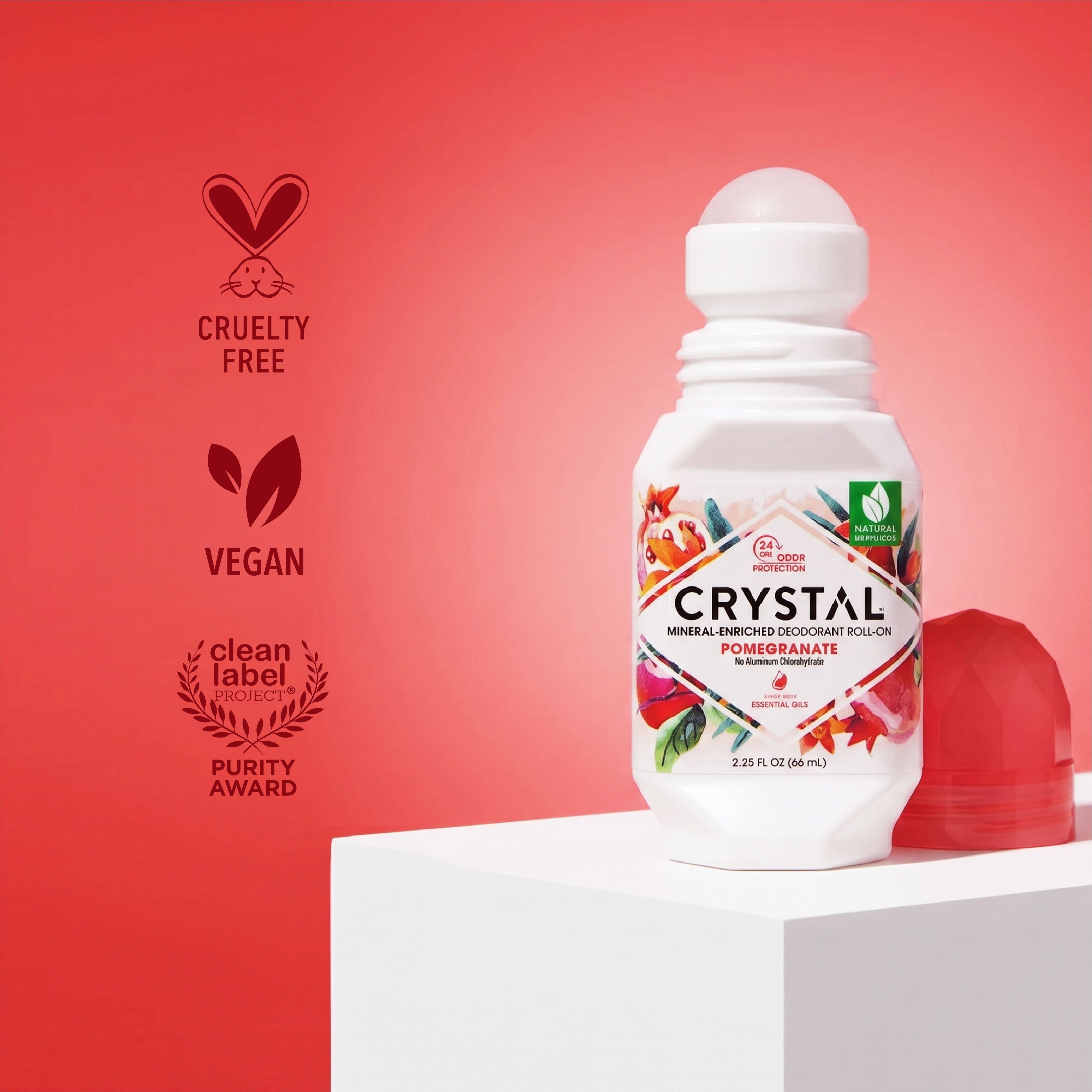 Crystal deodorant bottle with certification icons on a red background