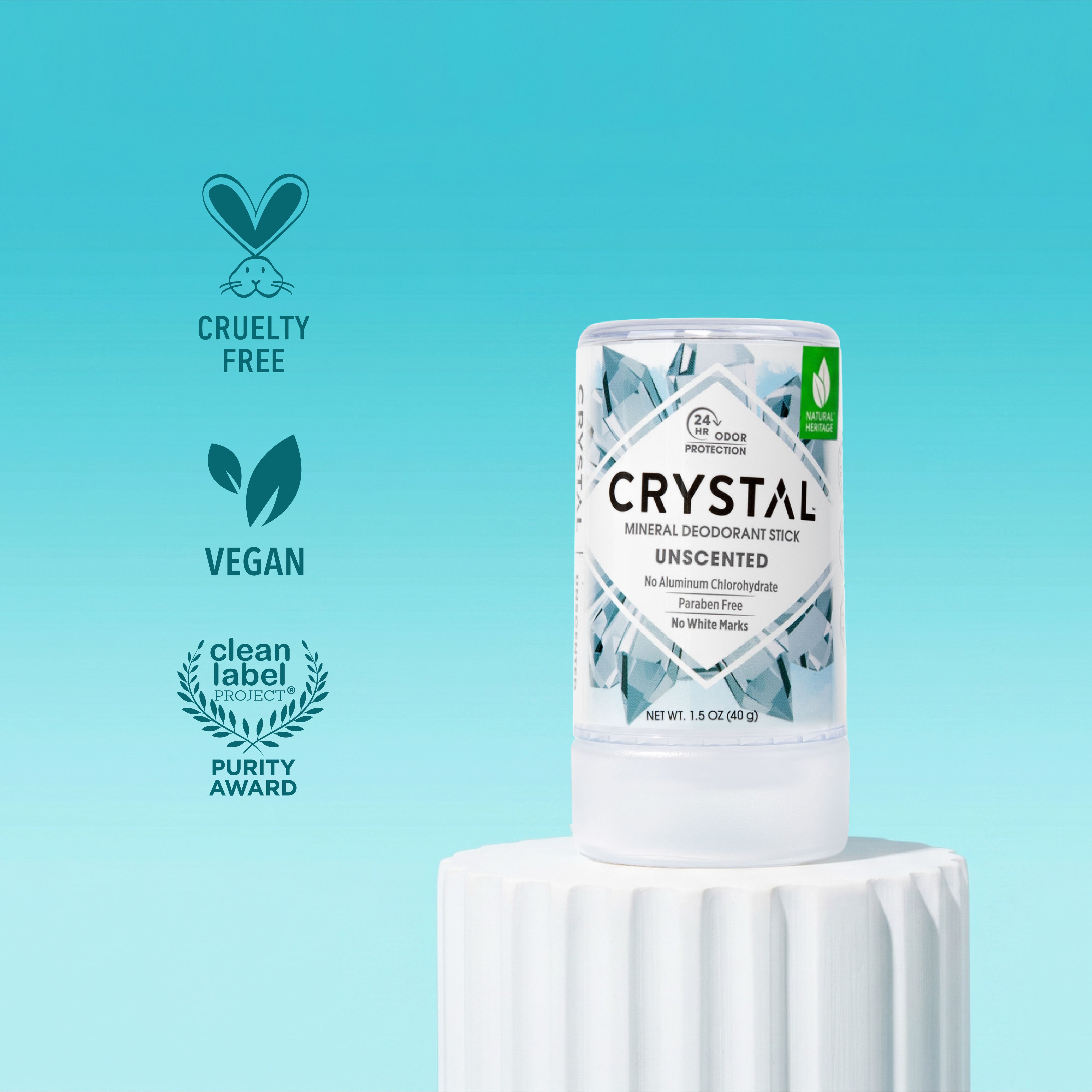 Crystal Mineral Travel Stick cruelty free, vegan, and clean label purity award icon call out on light blue background.