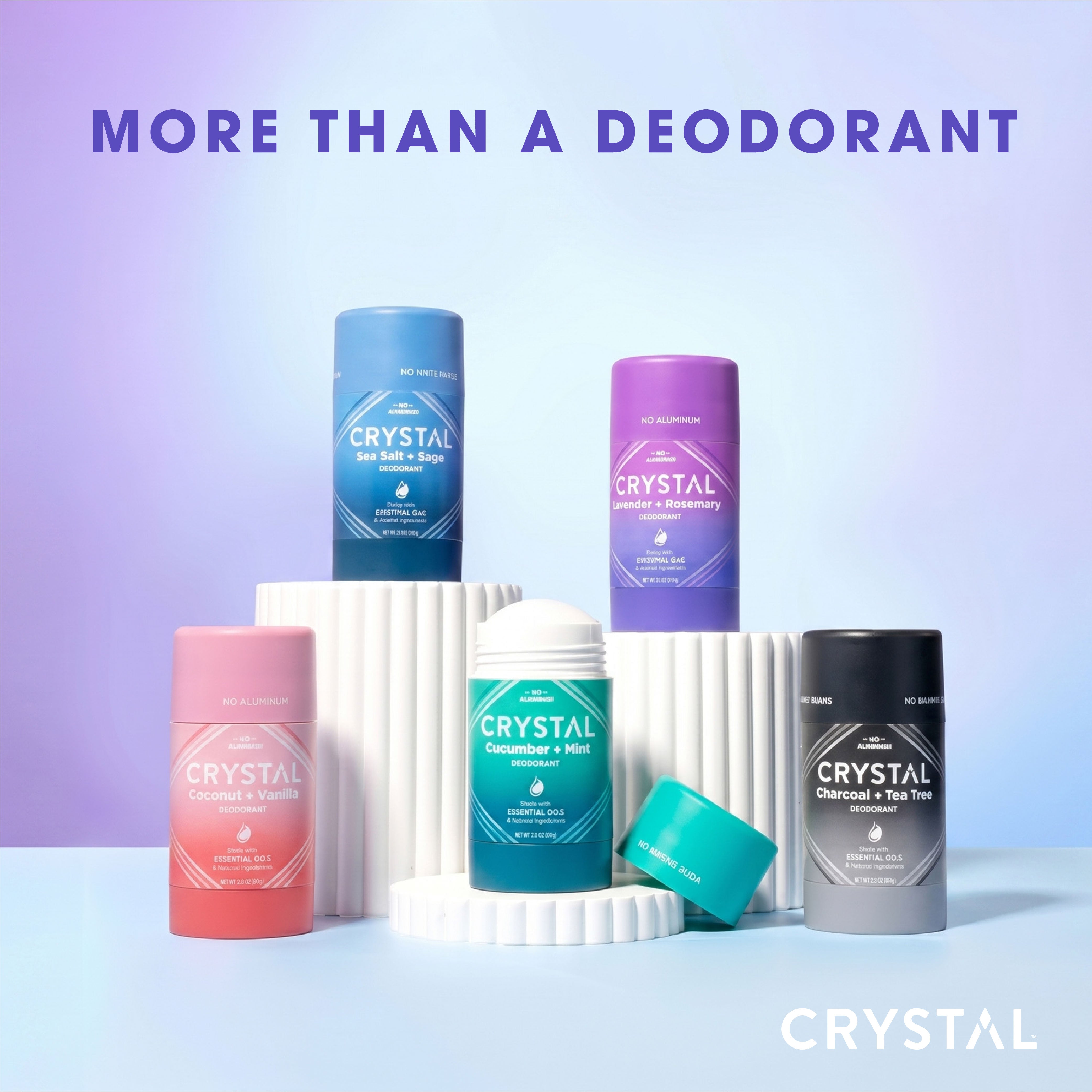 Group shot of Crystal Magnesium Deodorant sticks on a lavender background.