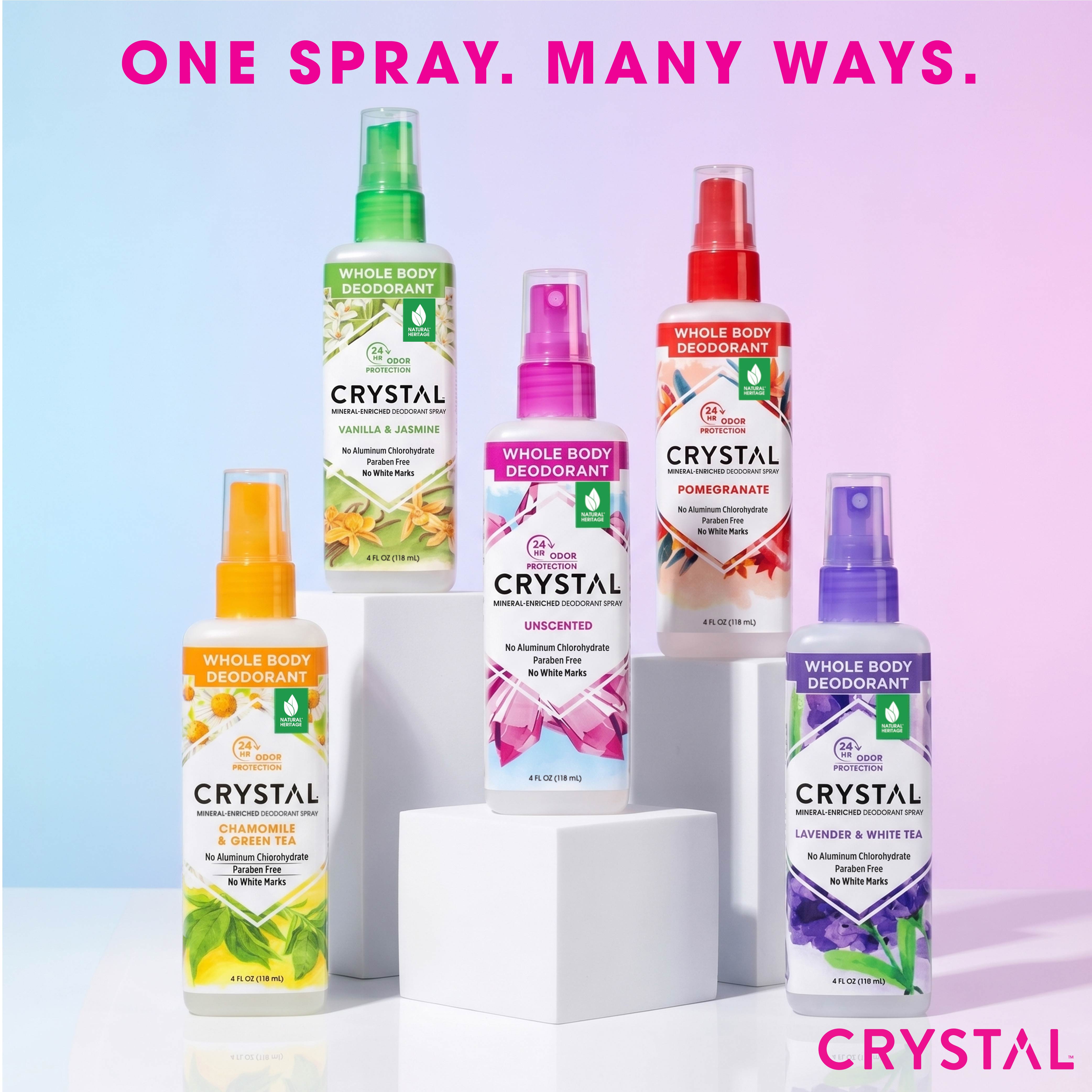Collection of Crystal whole body deodorant spray bottles on a light background with 'One Spray. Many Ways.' text.