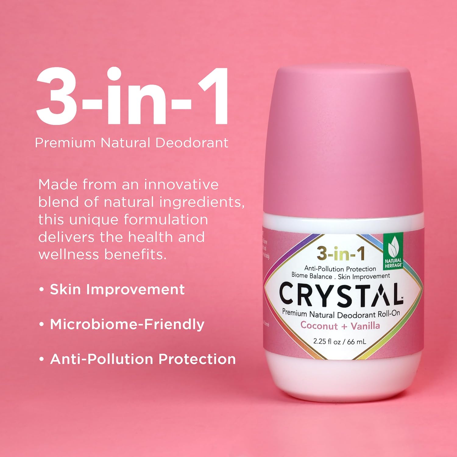 Pink 3-in-1 deodorant bottle with text on a pink background