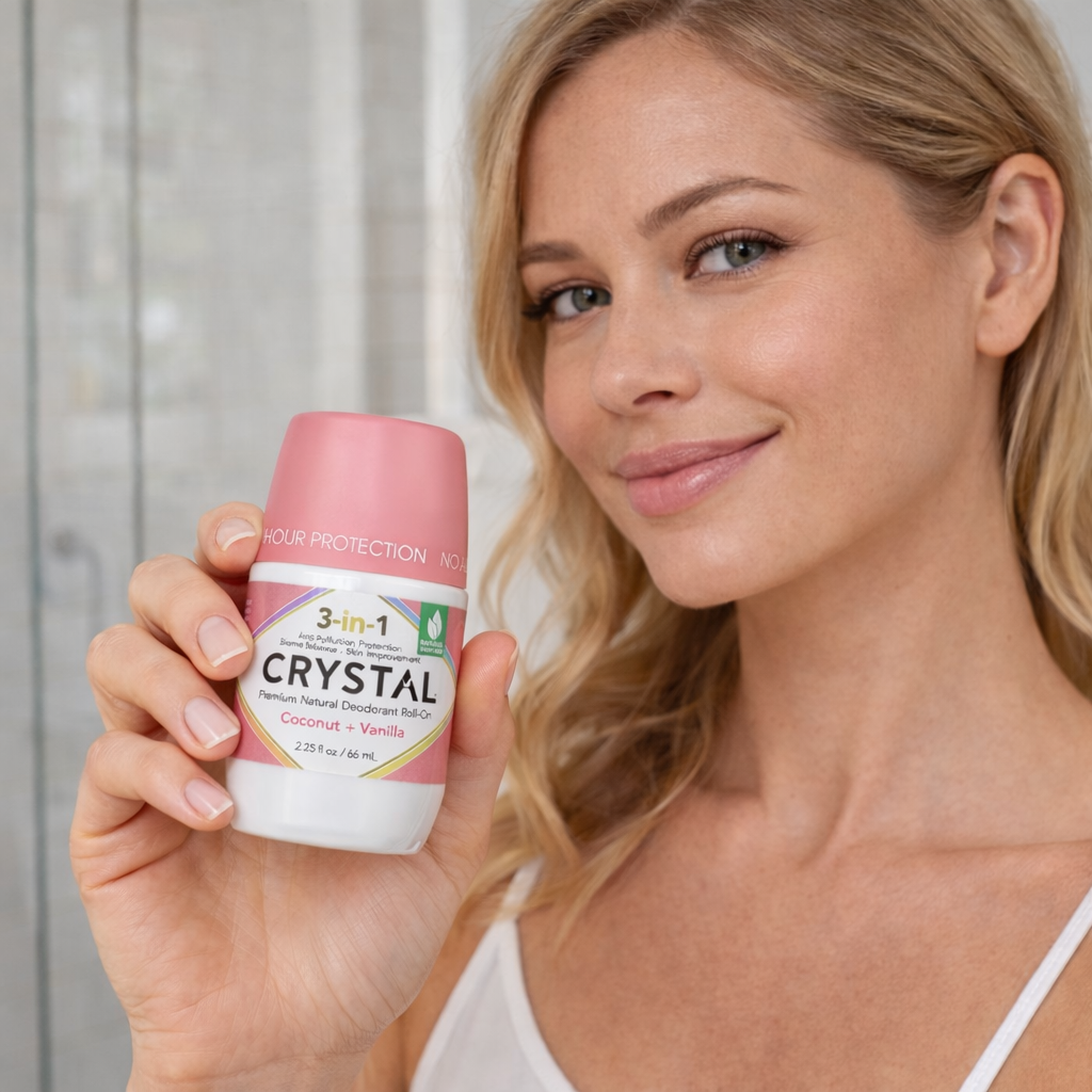 Woman holding a 3-in-1 'Crystal' deodorant roll on in a neutral setting