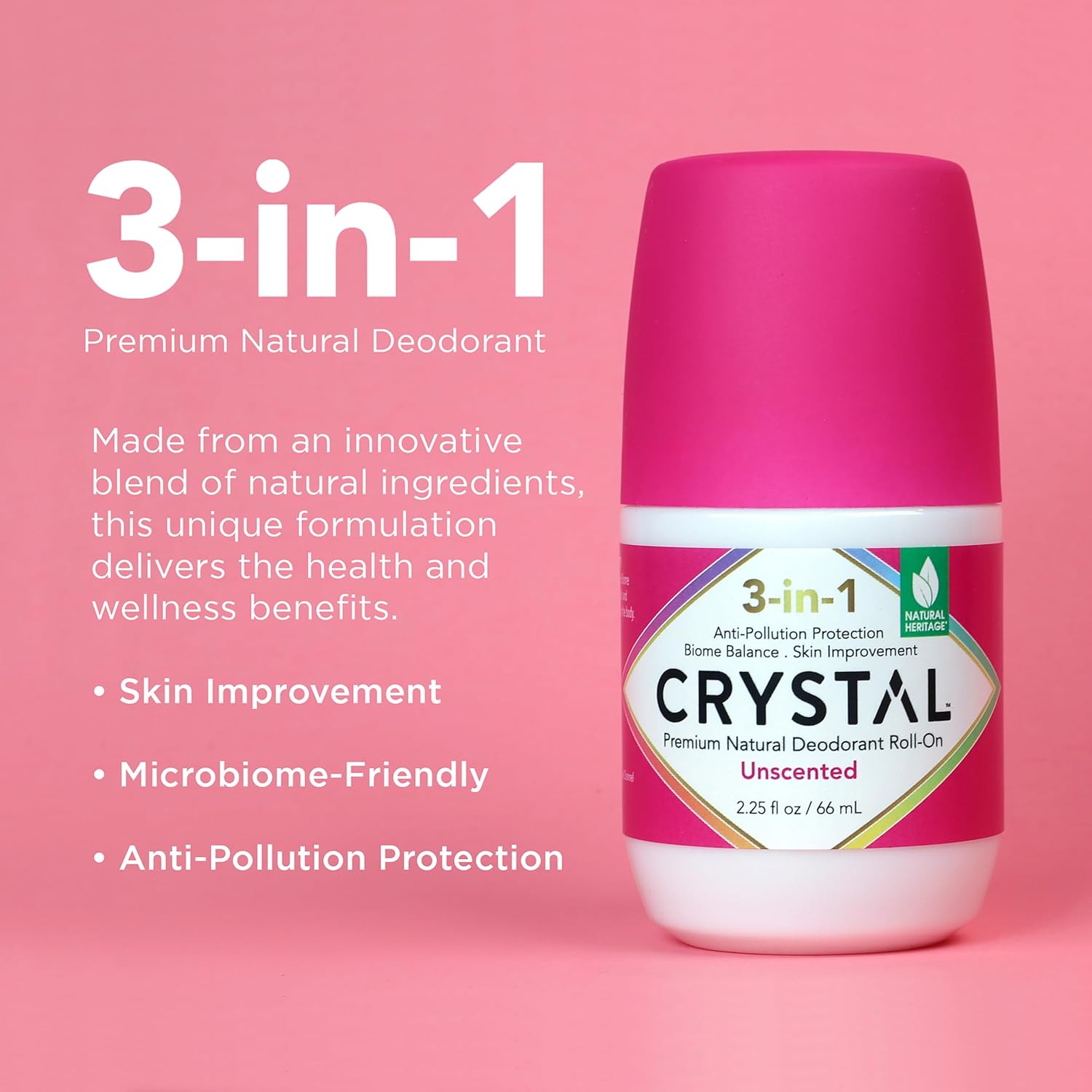 Pink 3-in-1 Crystal natural deodorant roll-on with benefit text on a pink background