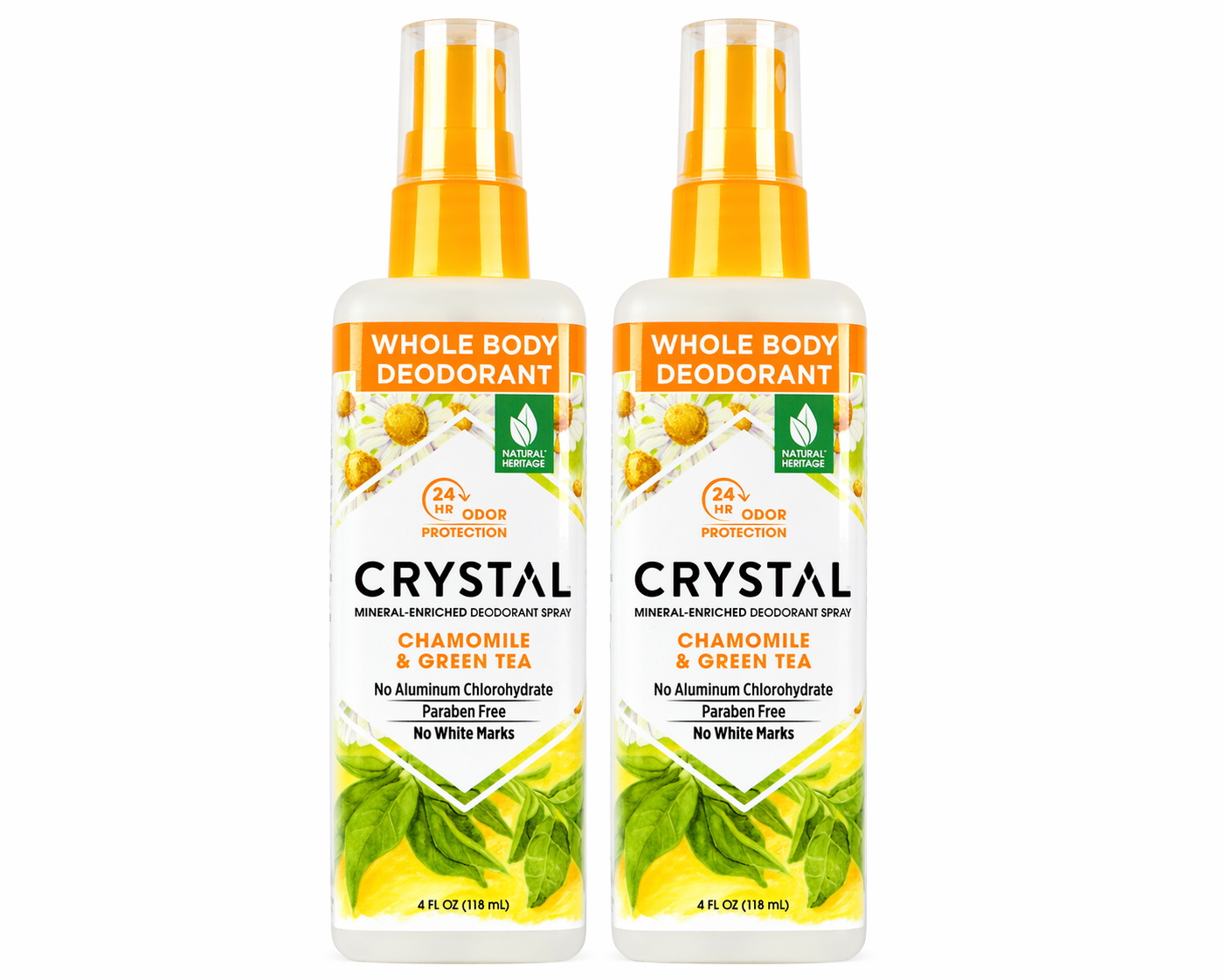 Two bottles of Crystal Whole Body Deodorant with chamomile and green tea on a white background.