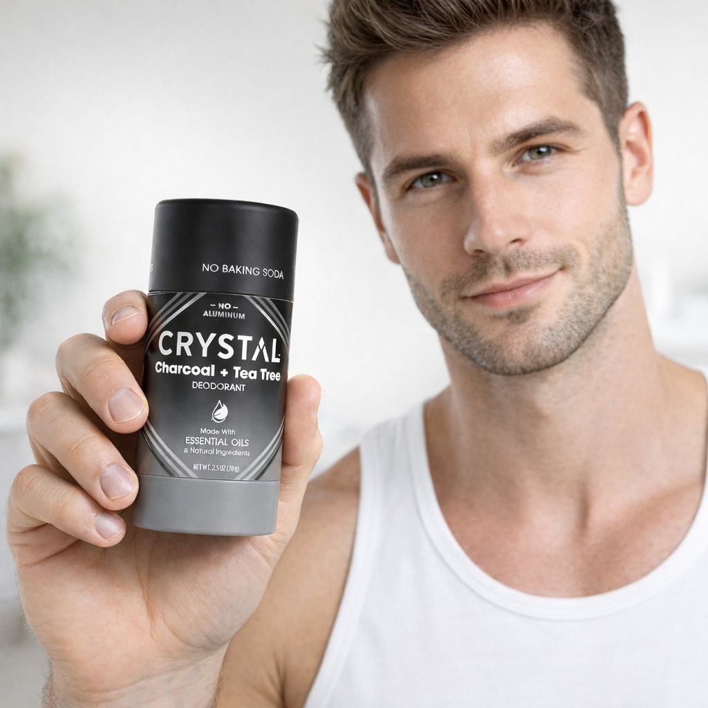 Man holding a Crystal Charcoal + Tea Tree deodorant stick against a light background