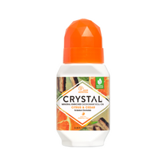 Crystal Citrus & Cedar deodorant roll-on bottle with citrus and cedar design on a white background