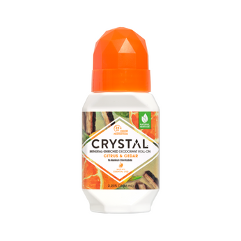 Crystal Citrus & Cedar deodorant roll-on bottle with citrus and cedar design on a white background