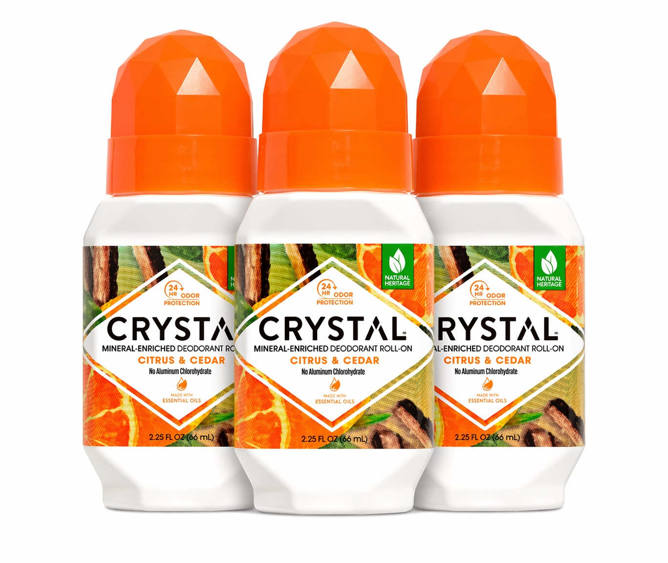 Three bottles of Crystal Mineral-Enriched Deodorant Roll-On with Citrus & Cedar scent on a white background.