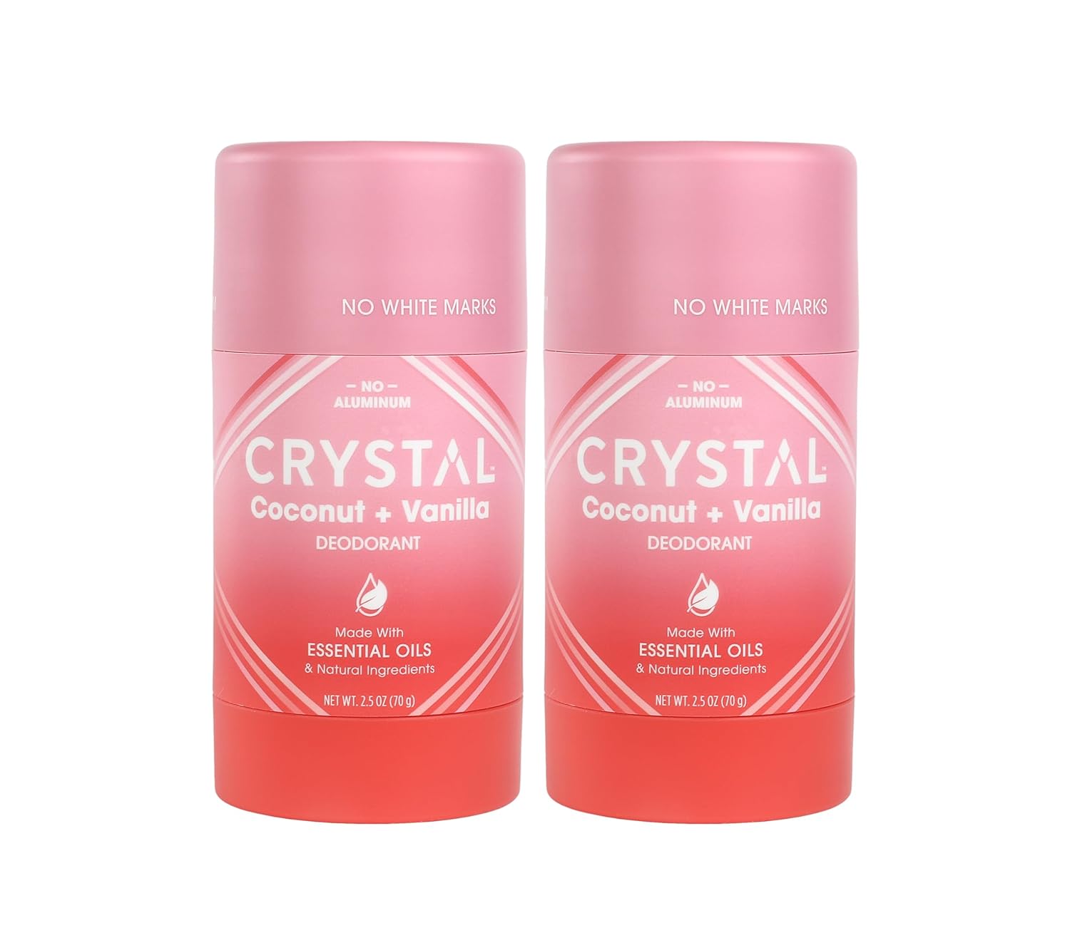 Two bottles of Crystal Coconut & Vanilla deodorant on a white background