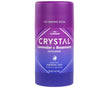 A Magnesium stick deodorant with purple and blue label reading 'CRYSTAL Lavender + Rosemary Deodorant', indicating no baking soda and aluminum-free content.