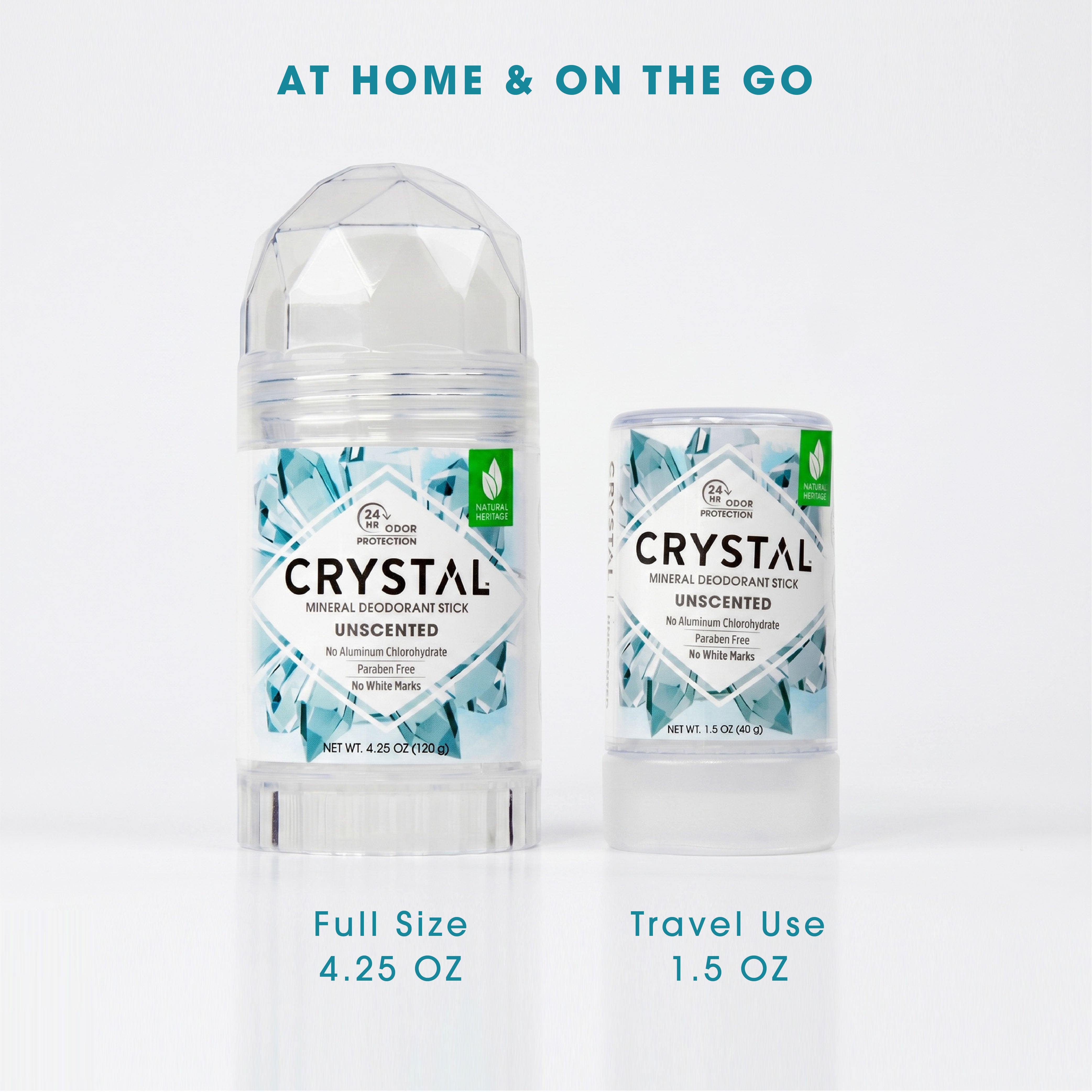 Crystal Mineral stick full size and travel size on white background.