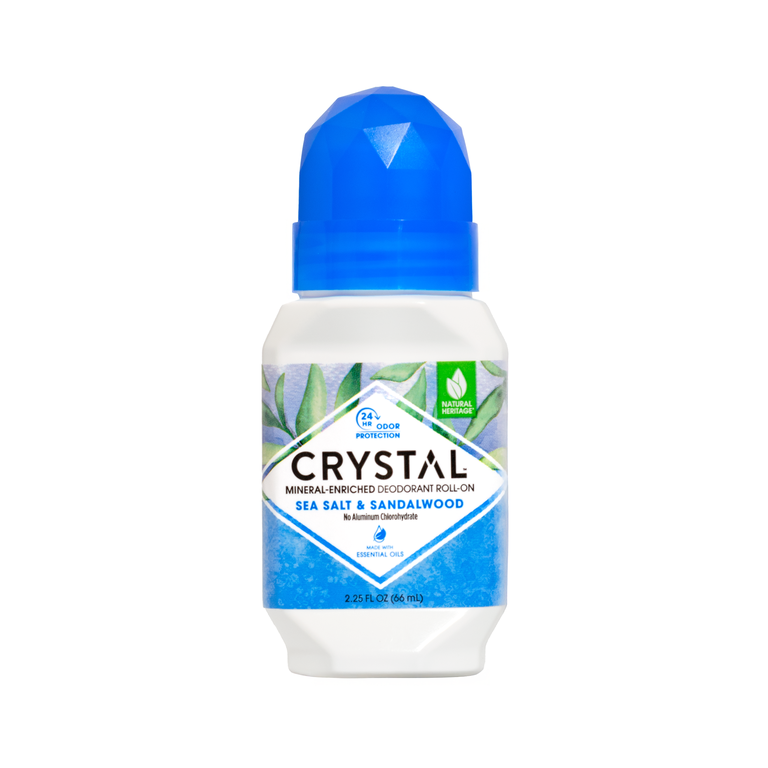 Crystal Seal Salt & Sandalwood deodorant roll-on bottle with blue cap on a white background