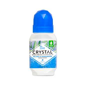 Crystal Seal Salt & Sandalwood deodorant roll-on bottle with blue cap on a white background