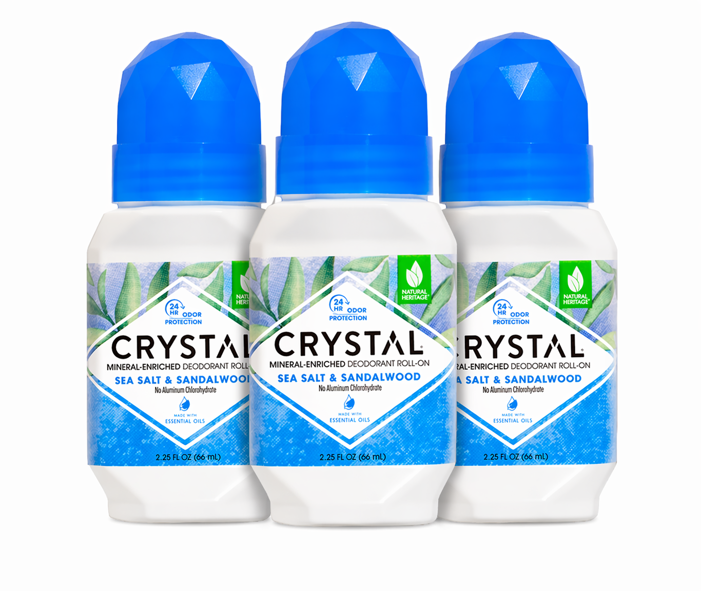 Three bottles of Sea Salt & Sandalwood Crystal deodorant roll-on with blue caps on a white background