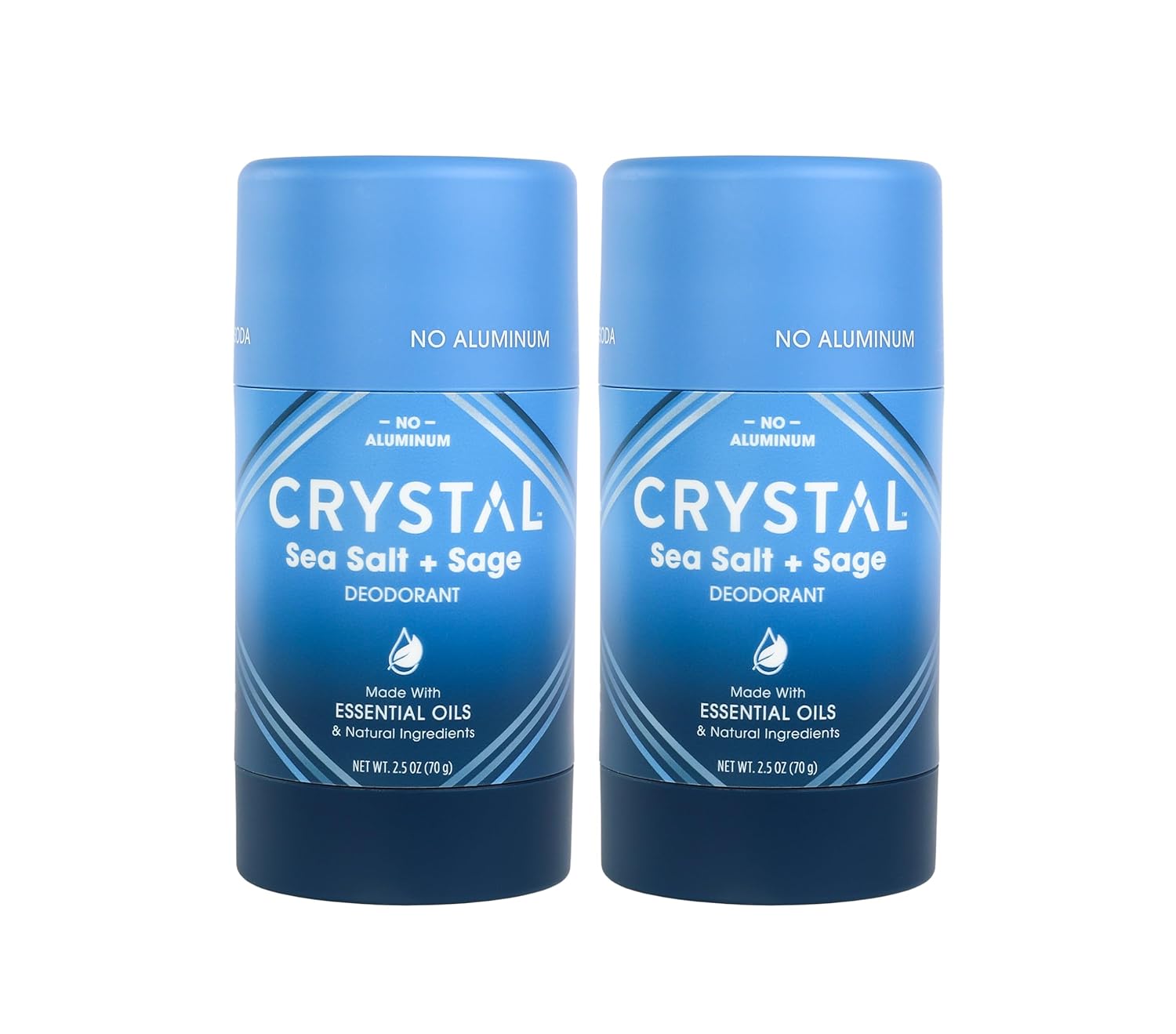 Two bottles of Crystal Sea Salt + Sage deodorant on a white background