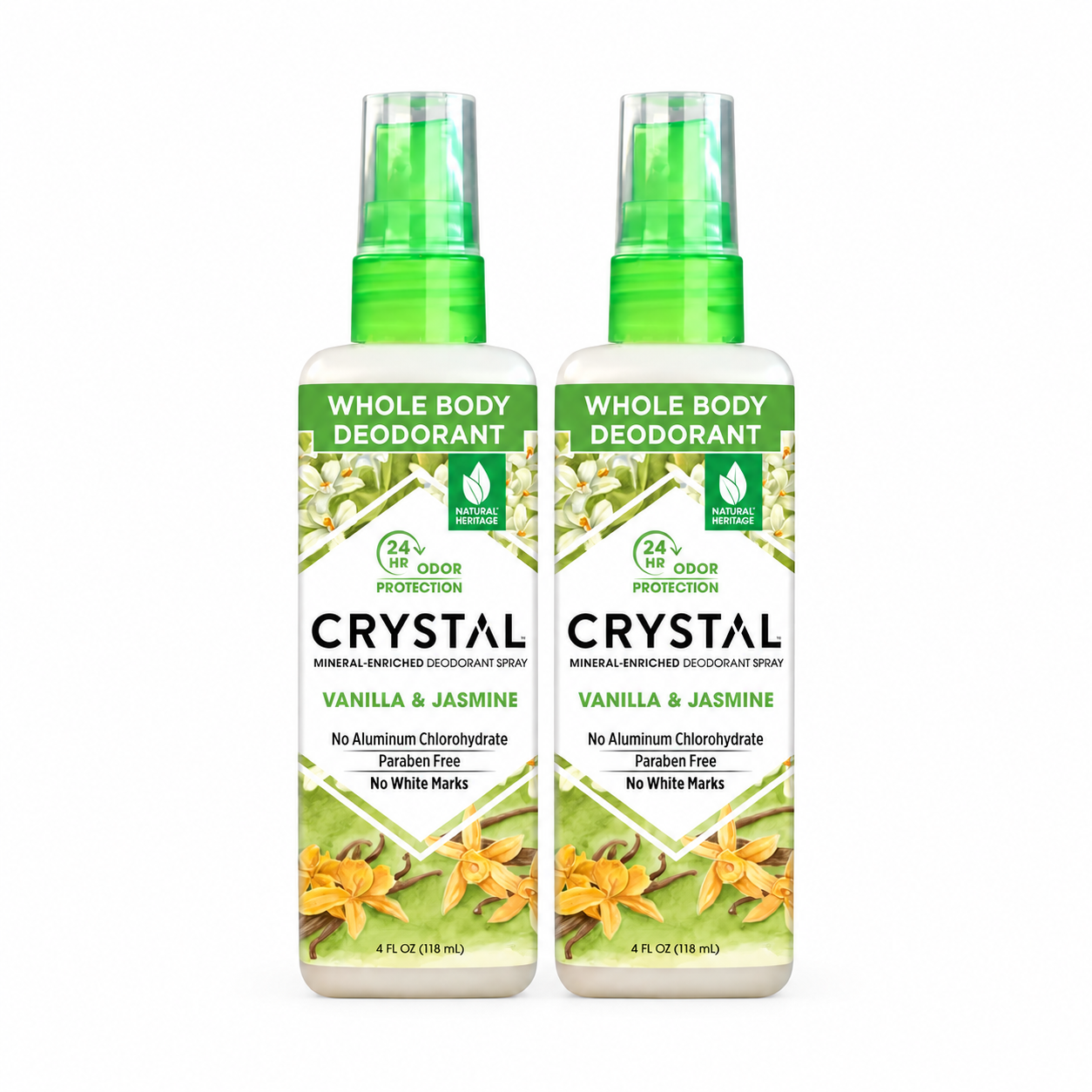 2 pack of Crystal Vanilla Jasmine whole body spray on a white background